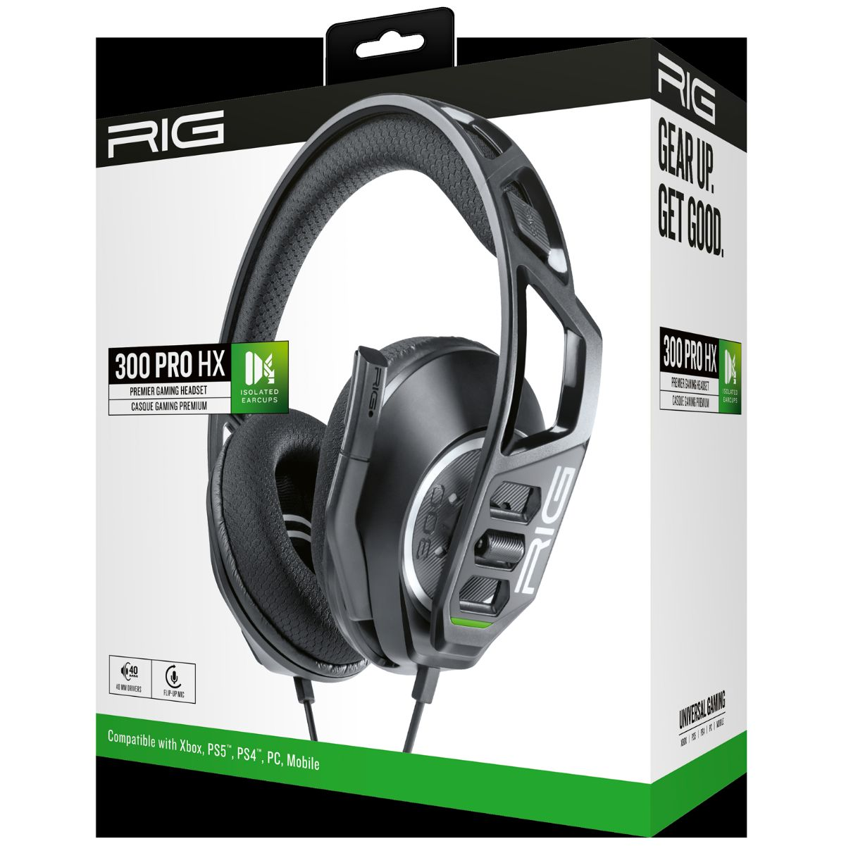 Pudełko słuchawek gamingowych RIG 300 PRO HX, biało-czarne, na białym tle.