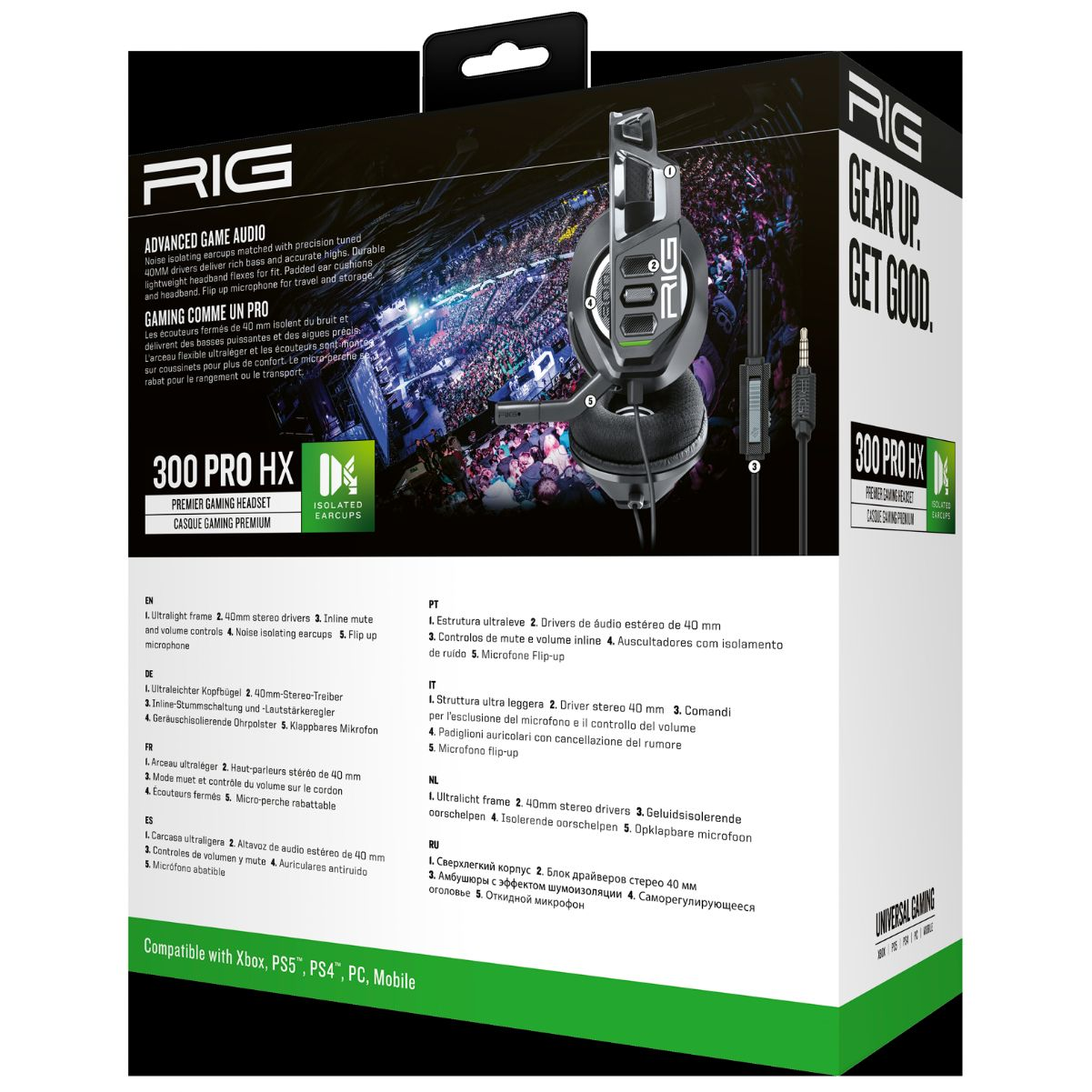 Opakowanie słuchawek dla graczy RIG 300 PRO HX, z tekstem i obrazami.