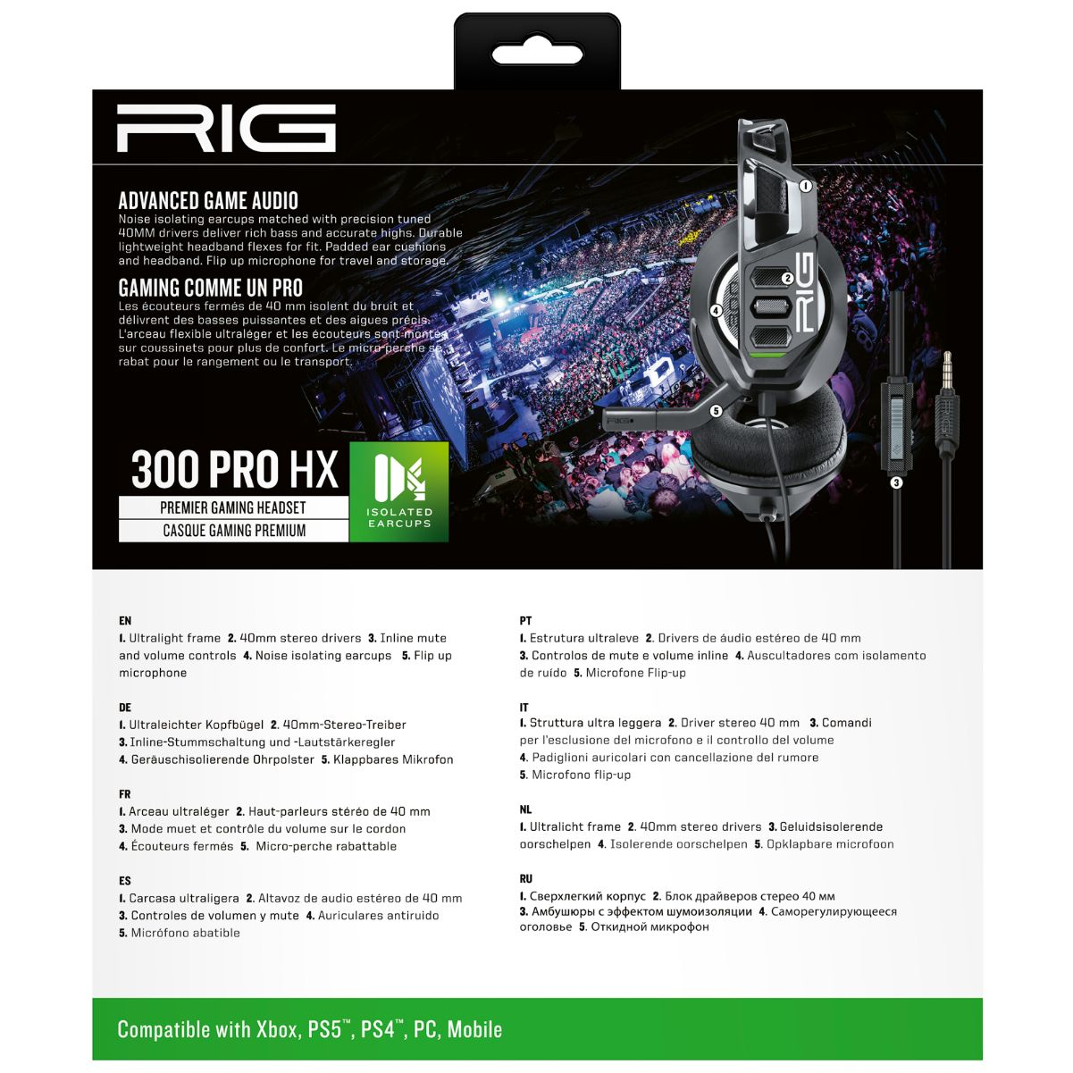 Czarny i szary zestaw słuchawkowy dla graczy z tekstem i diagramami. Zestaw na białym tle.