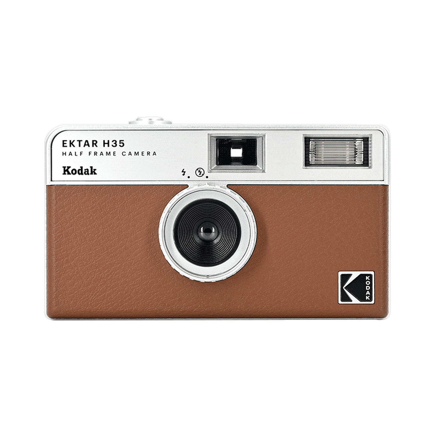 Cámara Kodak Ektar H35 de medio formato marrón y plateada. Lente y visor visibles.