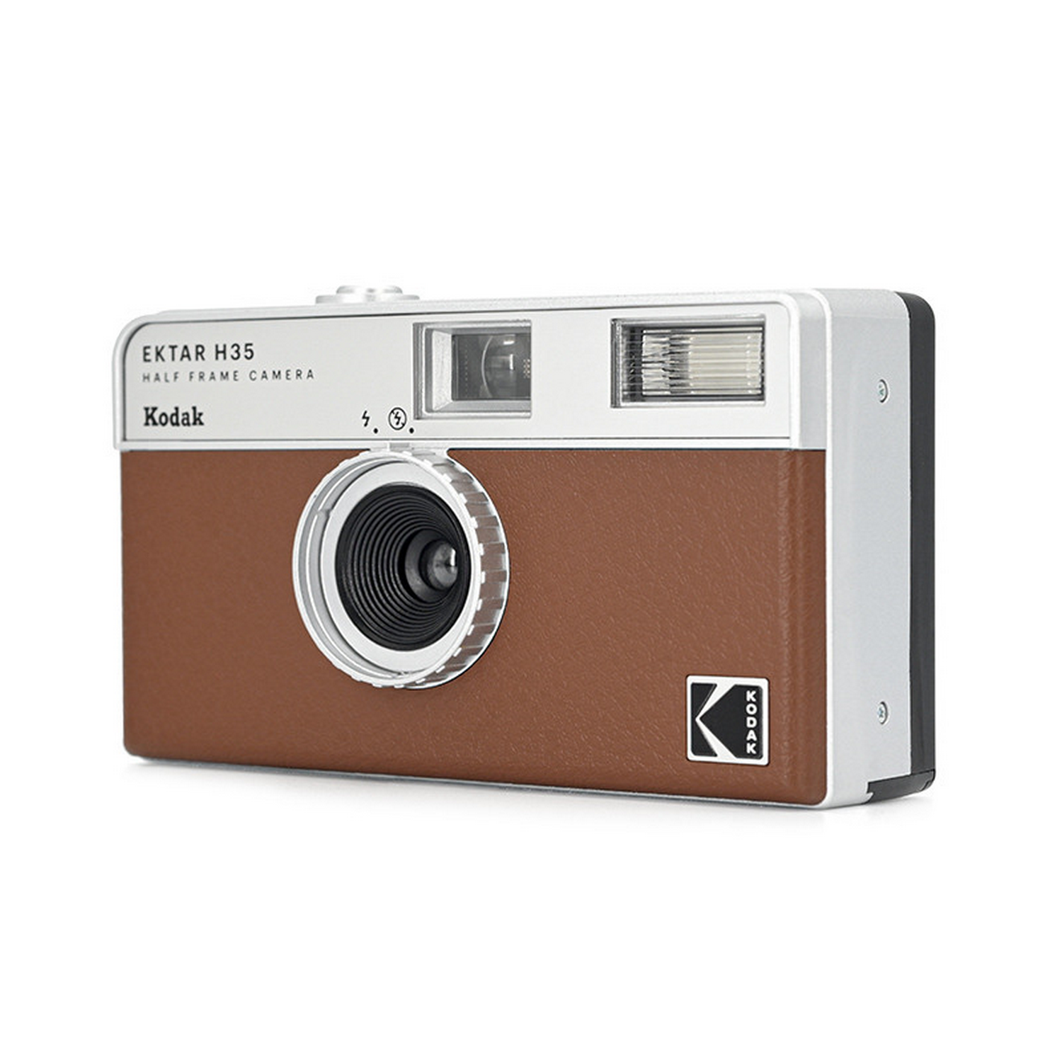 Cámara de medio fotograma Kodak Ektar H35 marrón con detalles plateados.