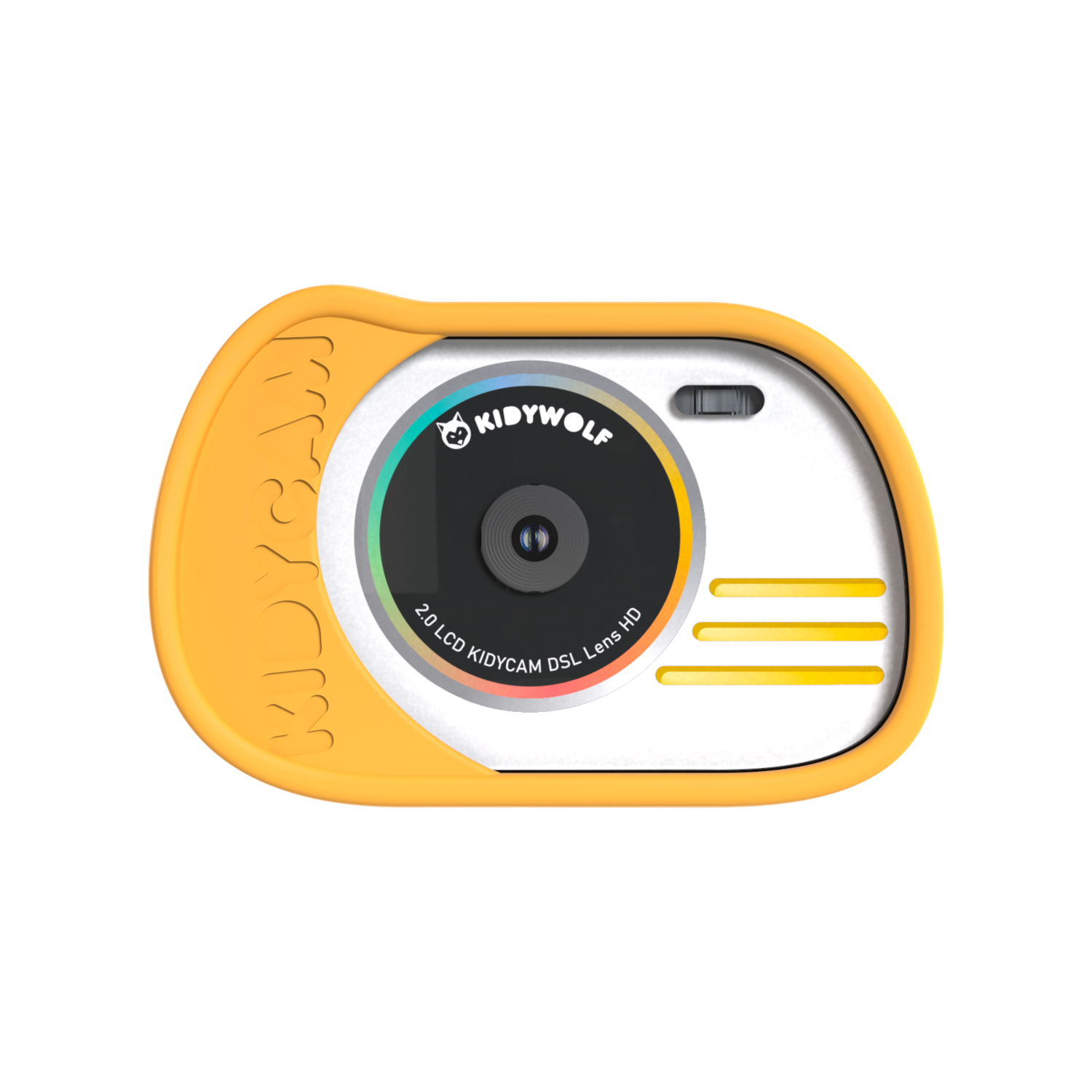 Fotocamera Kidywolf gialla. Ha una faccia bianca, un obiettivo nero e accenti colorati. Lo sfondo è nero.