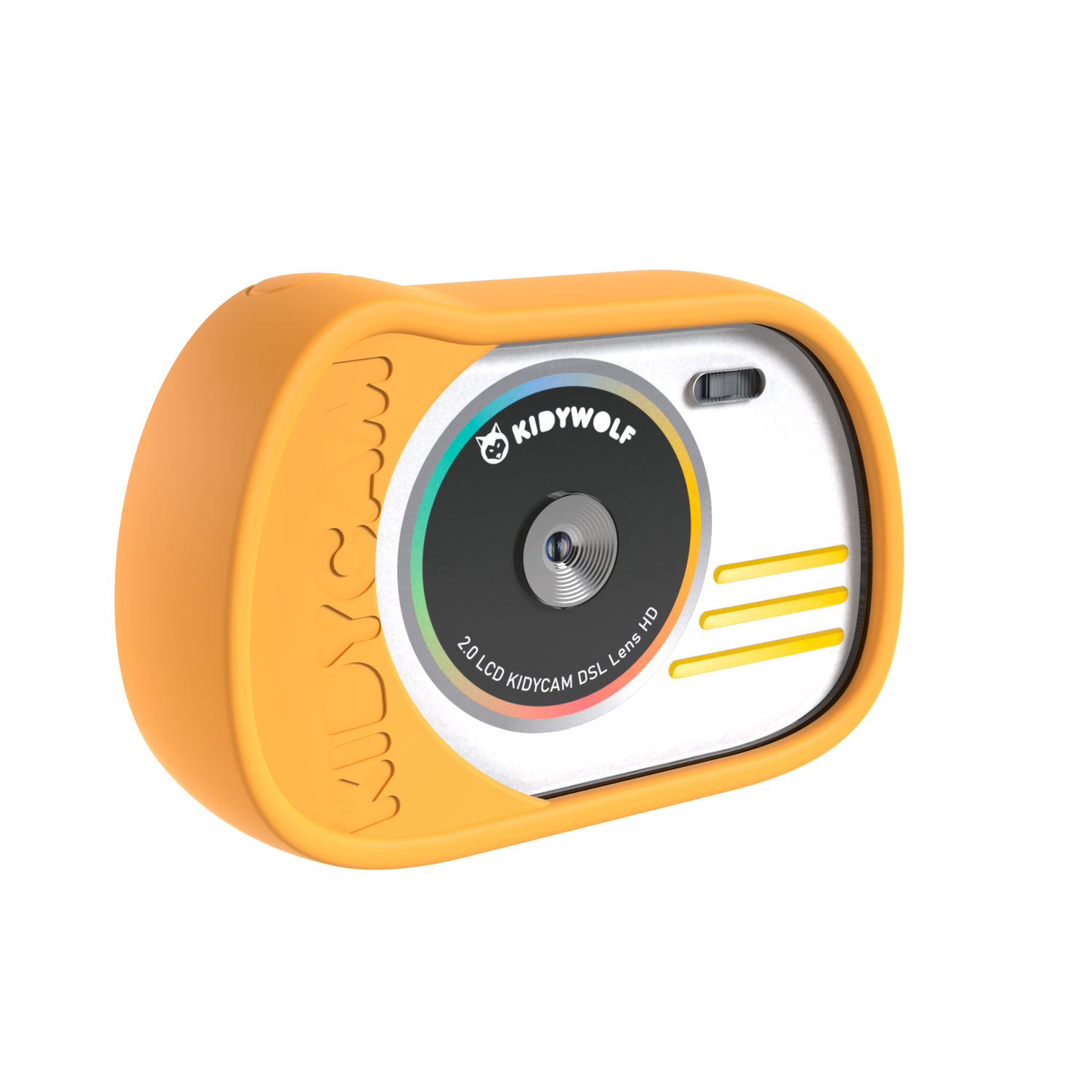 Fotocamera Kidywolf gialla e bianca. È arancione con un obiettivo e pulsanti.