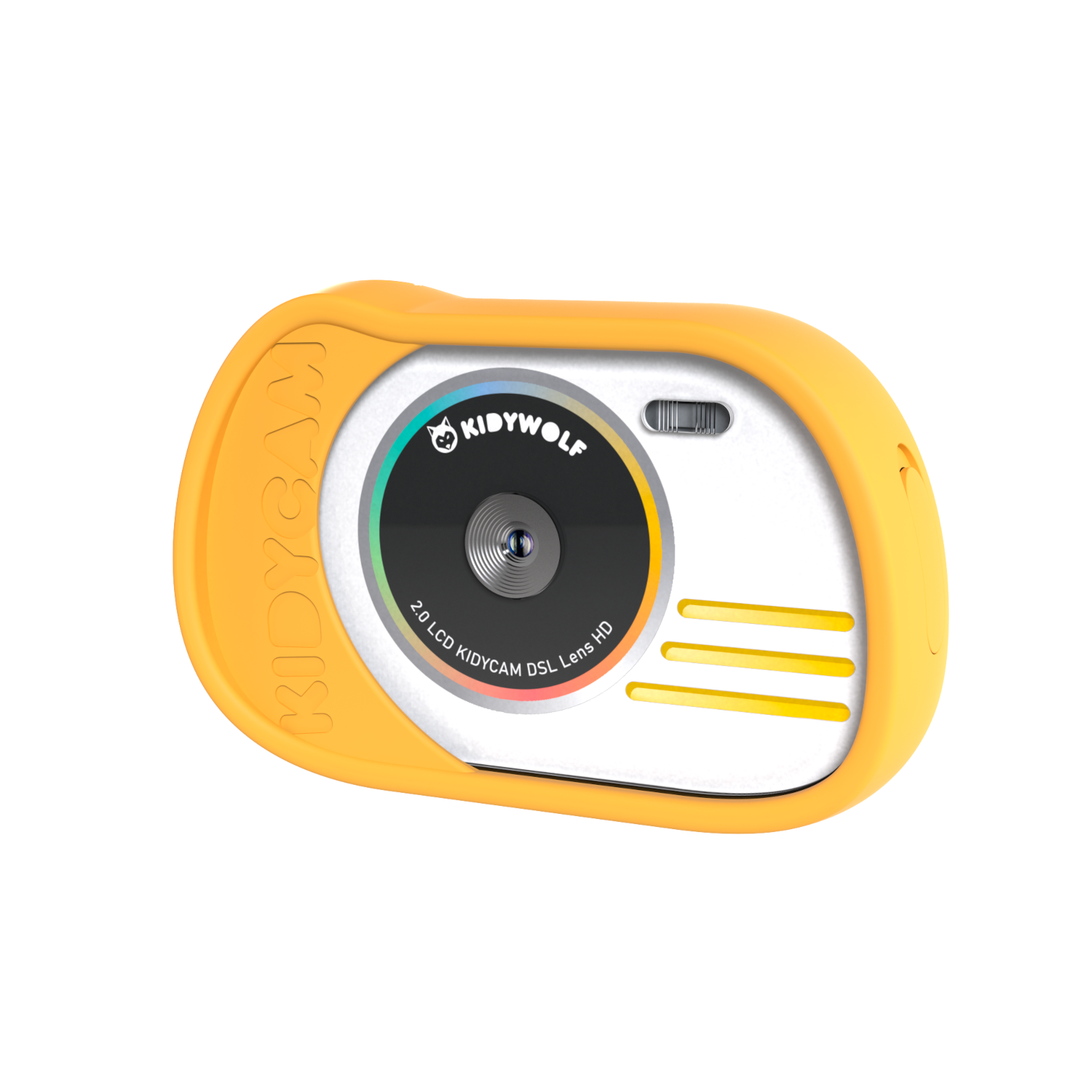 Macchina fotografica giocattolo gialla con obiettivo bianco e logo Kidywolf.