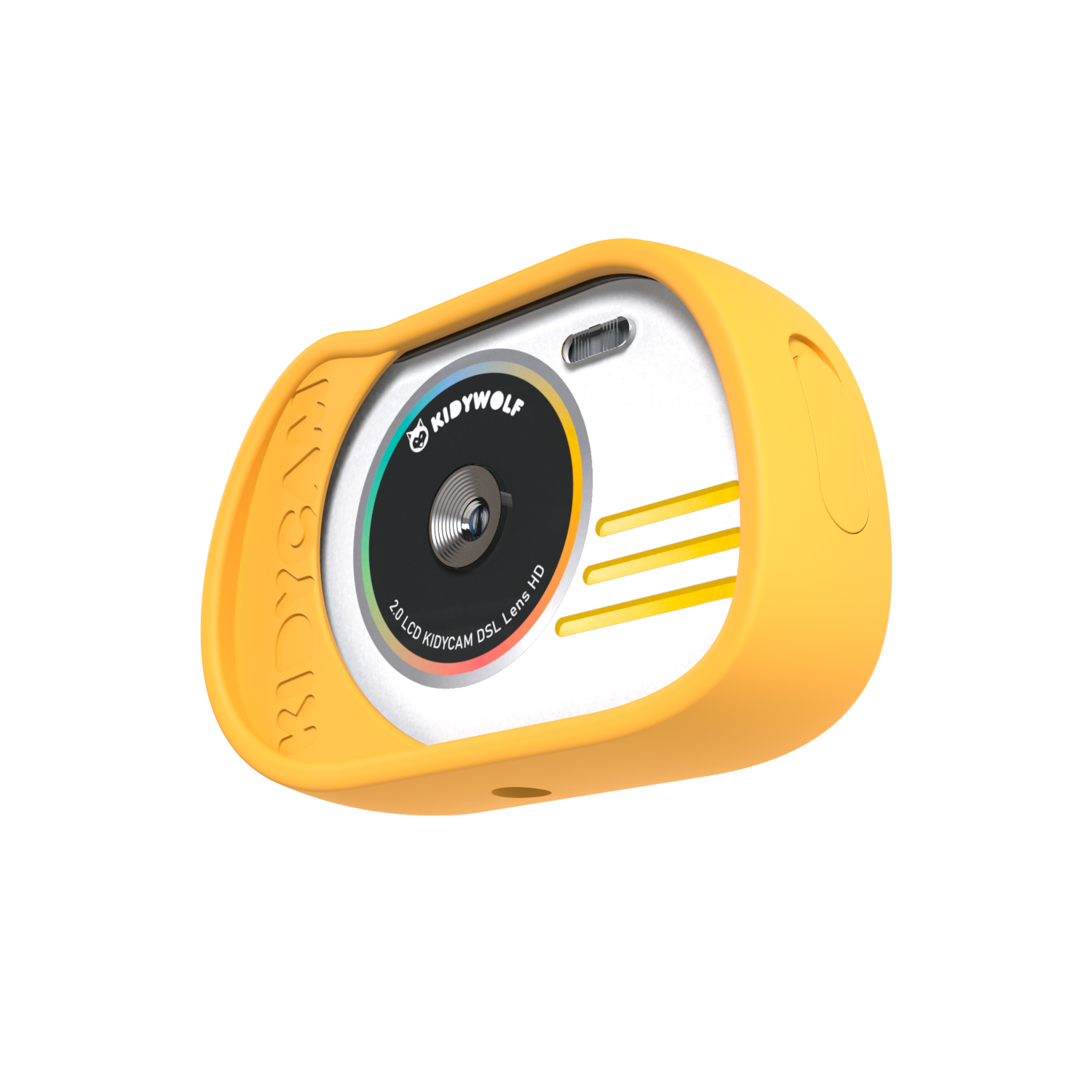 Una fotocamera Kidywolf gialla con una faccia bianca. Ha un obiettivo e dei pulsanti sul davanti.