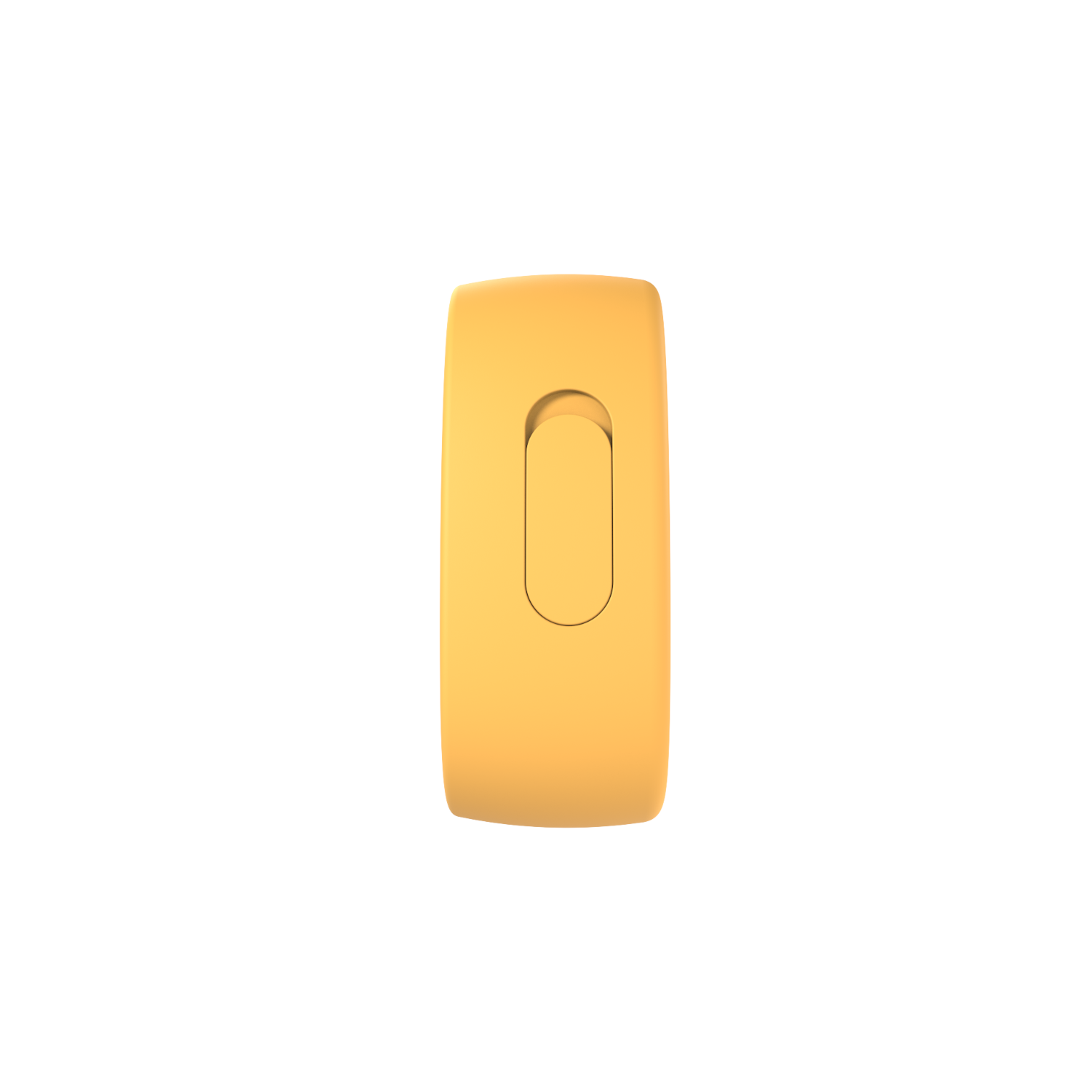 Un fitness tracker giallo, forma ovale, con un singolo pulsante e un piccolo schermo.