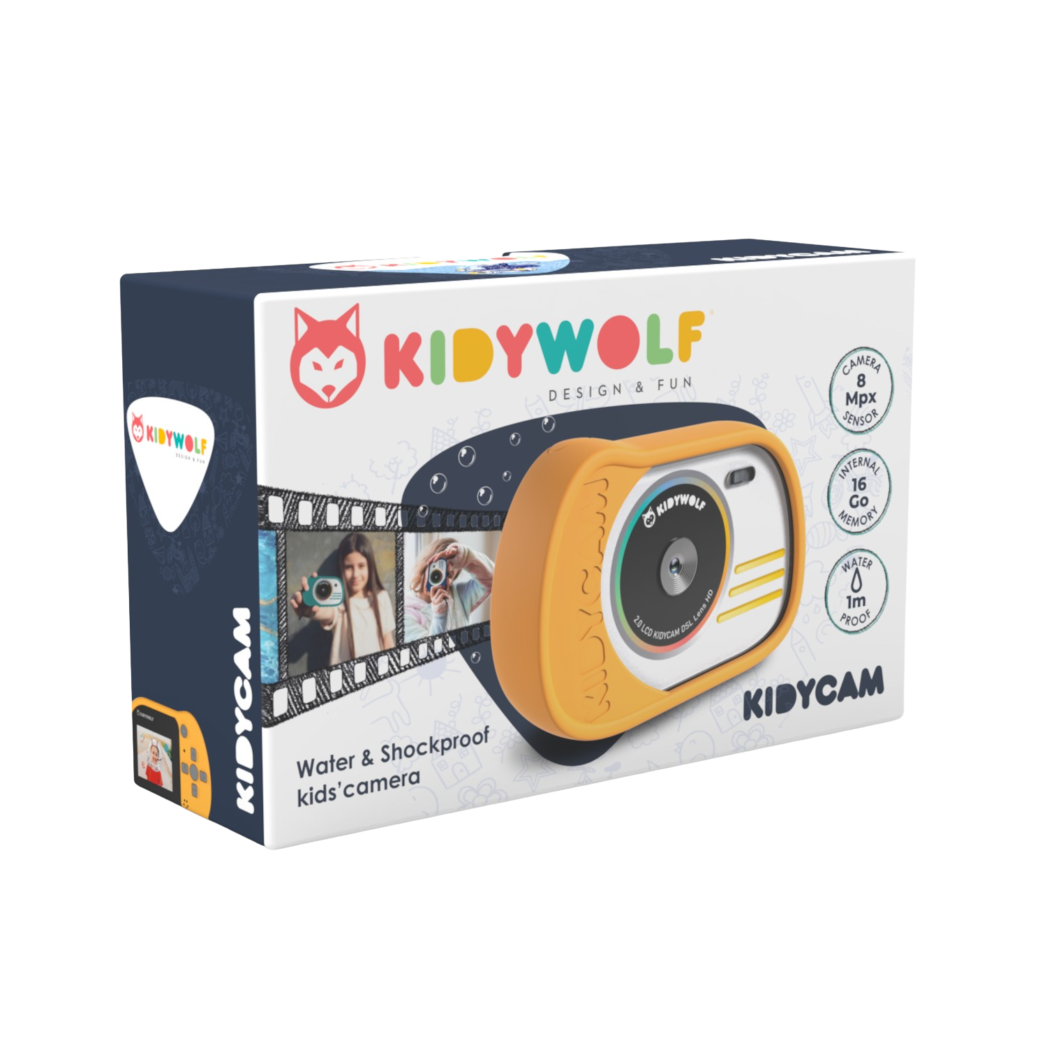 Una scatola per fotocamera per bambini Kidywolf. Immagine di bambini con fotocamera sulla scatola.