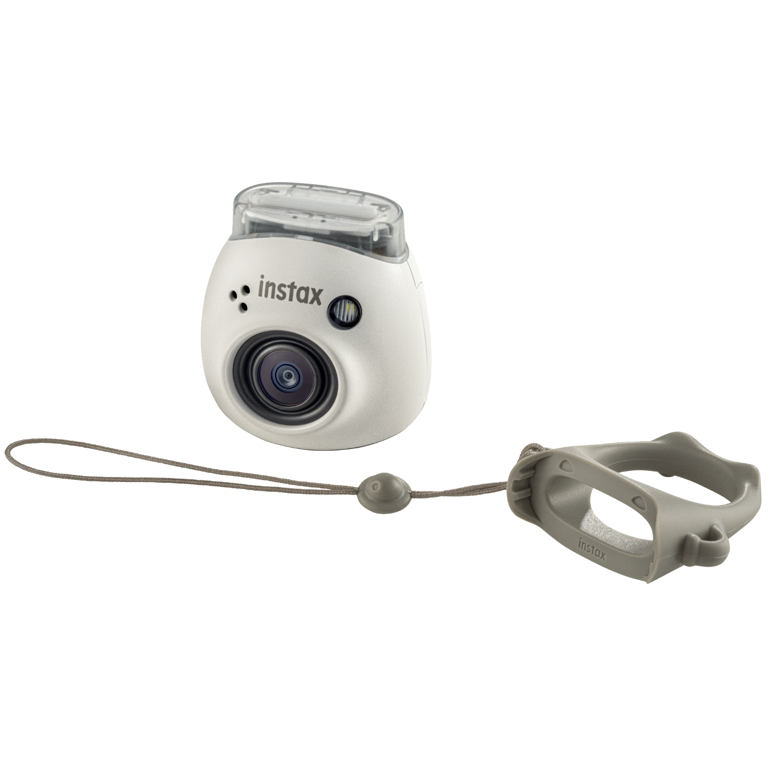 Biały aparat Instax z obiektywem i szarym paskiem na nadgarstek, na czarnym tle.