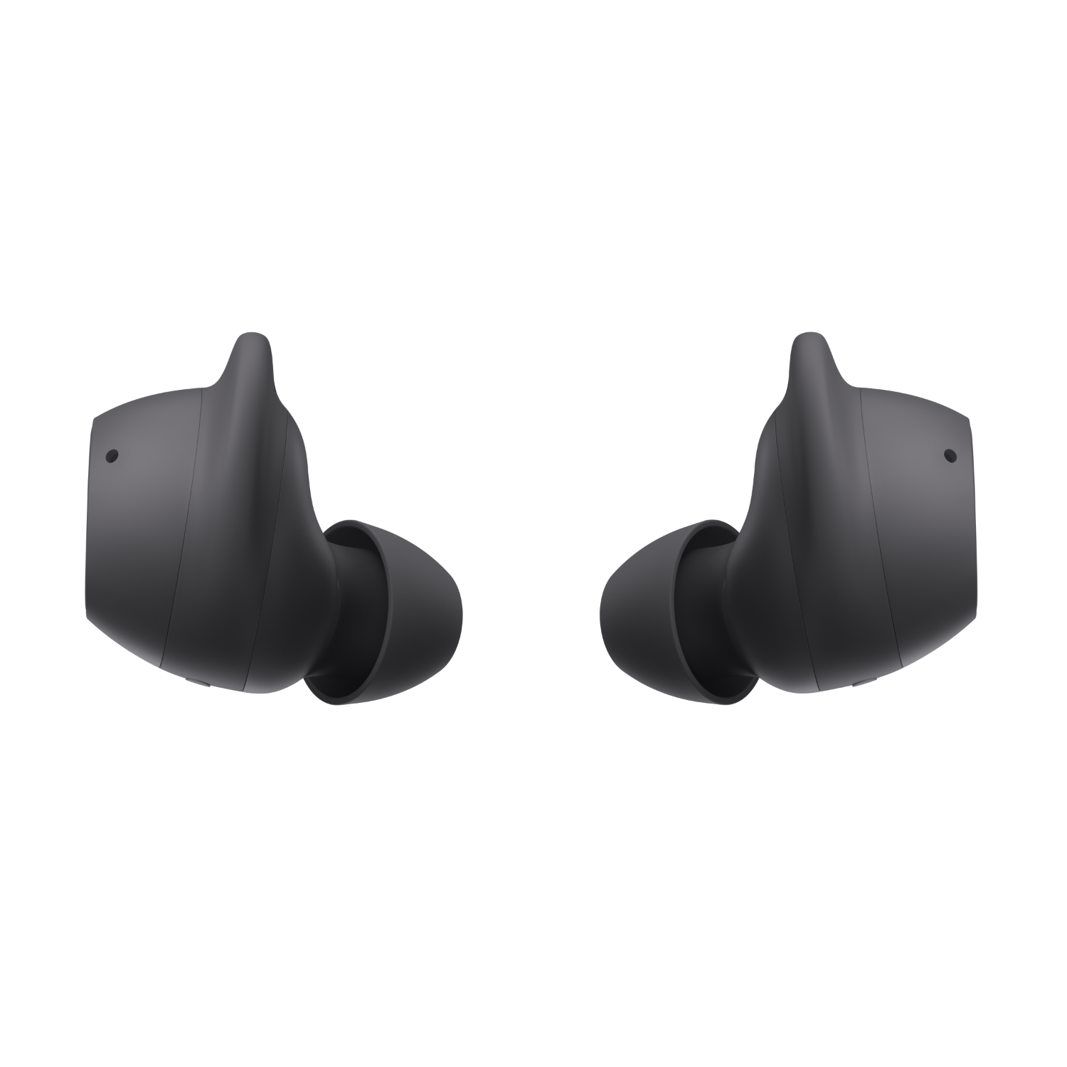 Dwa czarne słuchawki douszne, skierowane w stronę widza, na białym tle.