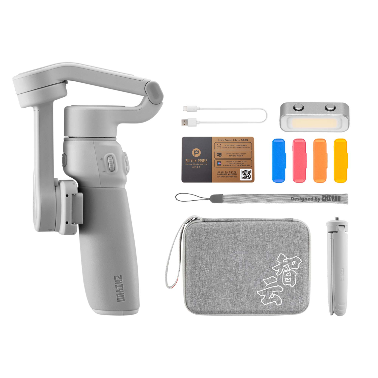 Graues Stabilisator-Kit mit Zubehör, einschließlich Licht, Ladekabeln und Tragetasche.