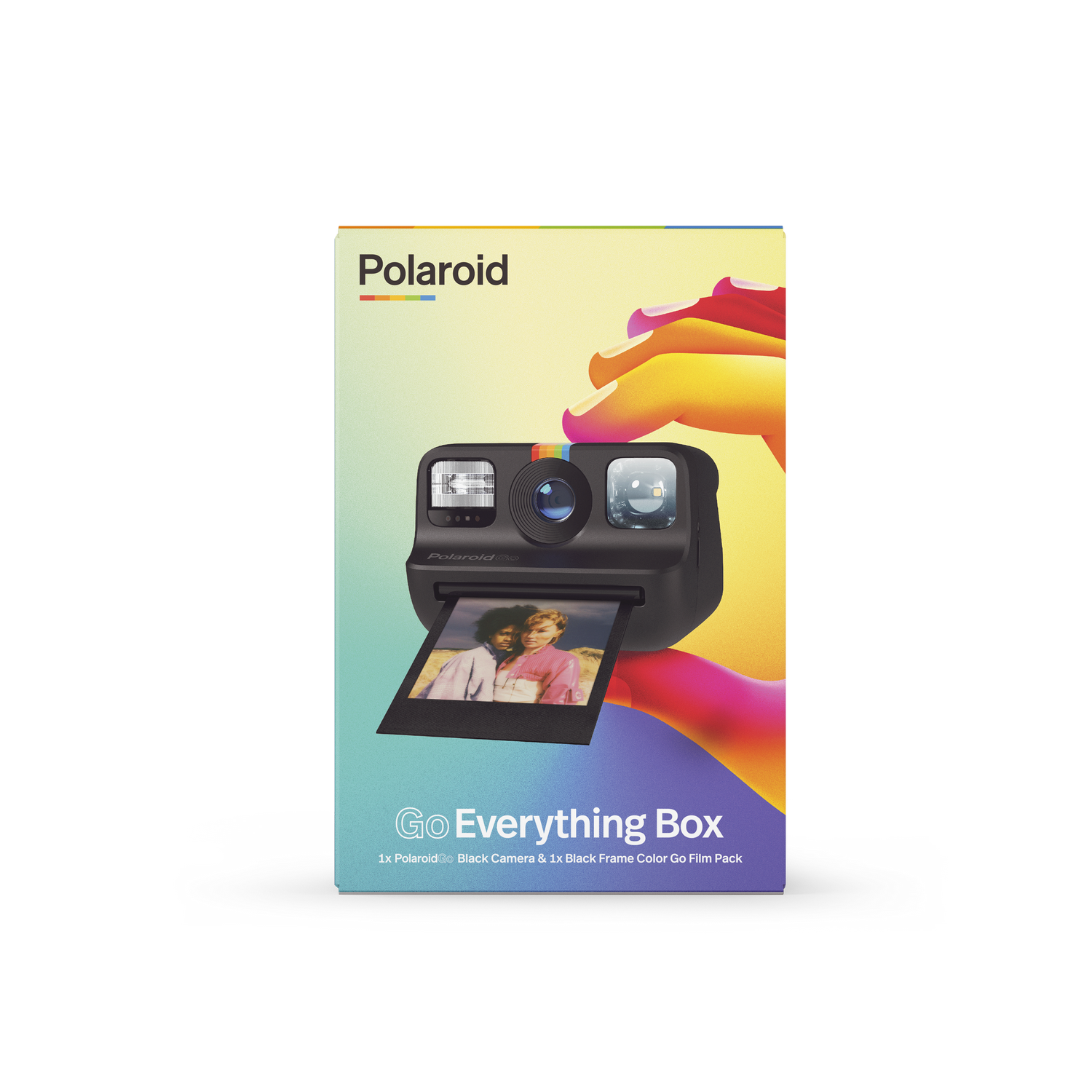Polaroid Go Everything Box. Die Box zeigt ein Foto von zwei Personen und eine schwarze Kamera.