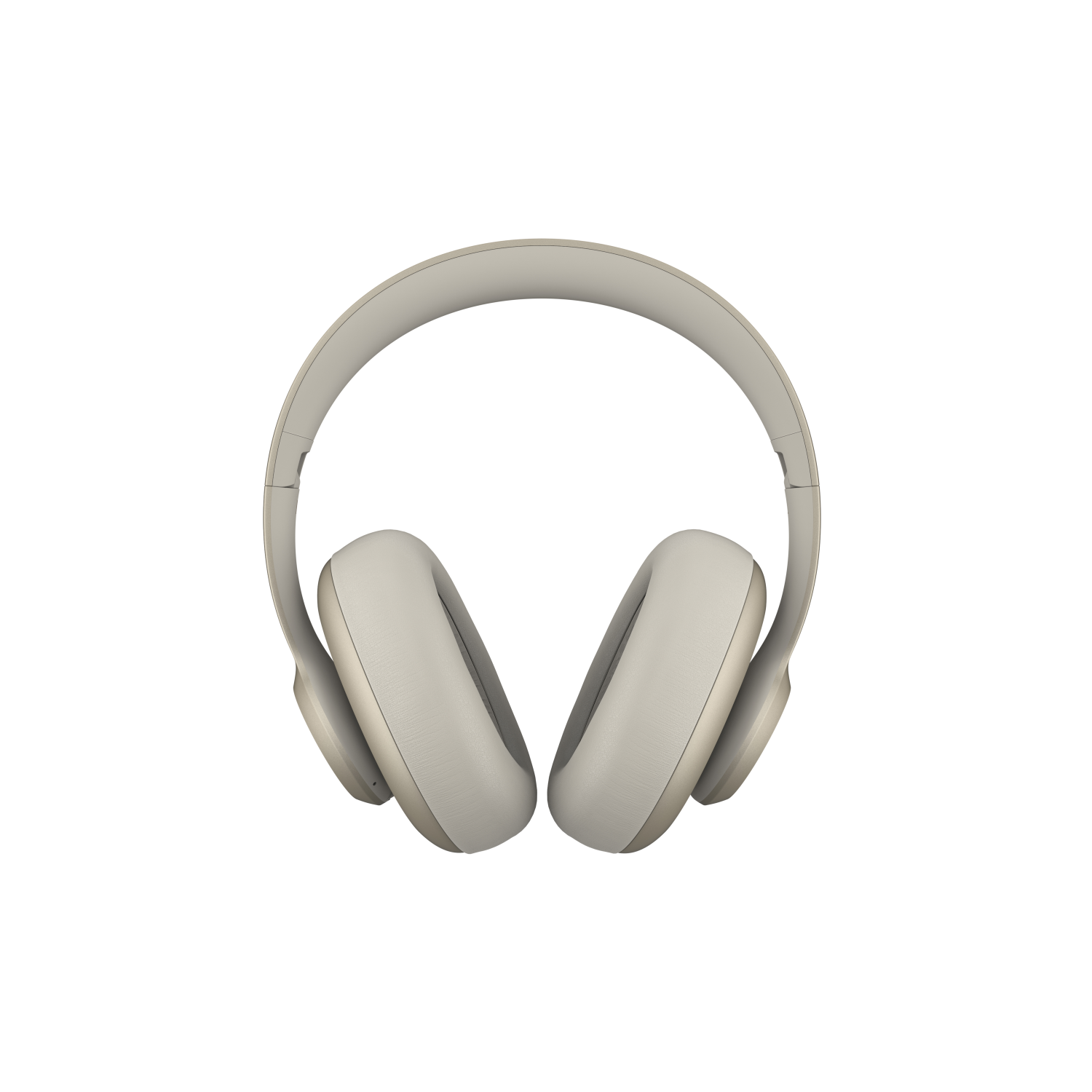 Słuchawki nauszne, jasnoszare, widok z góry, wyśrodkowane na czarnym tle.