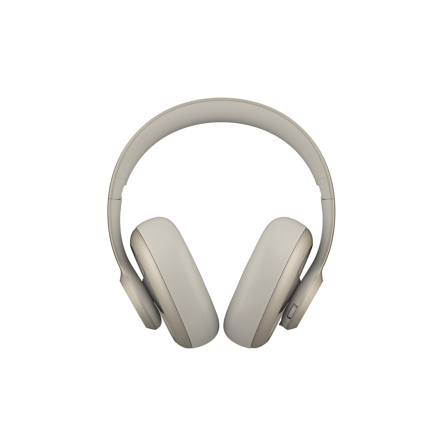 Widok z góry słuchawek bezprzewodowych, jasnoszary kolor, na czarnym tle.