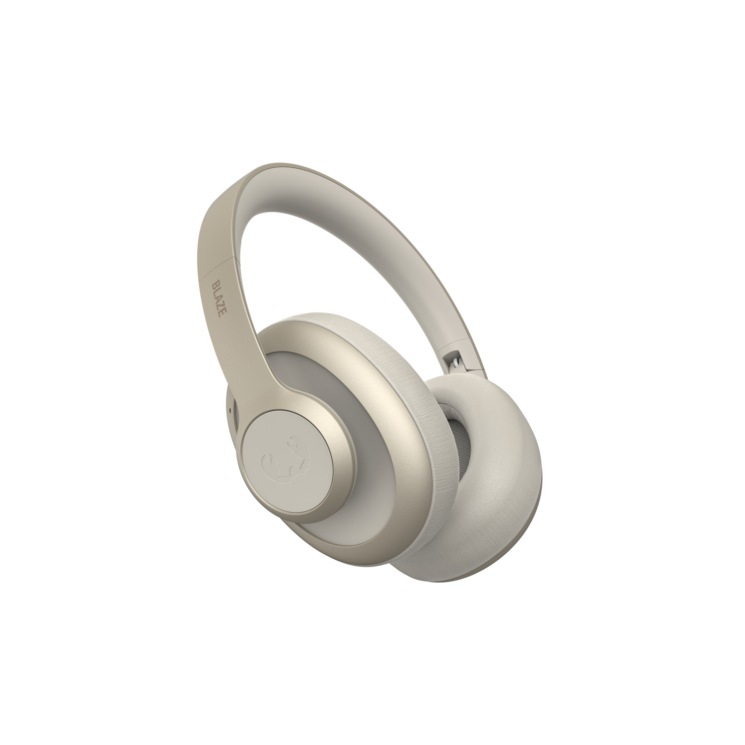 Beżowe słuchawki z zakrzywionym pałąkiem. Nauszniki również są beżowe.