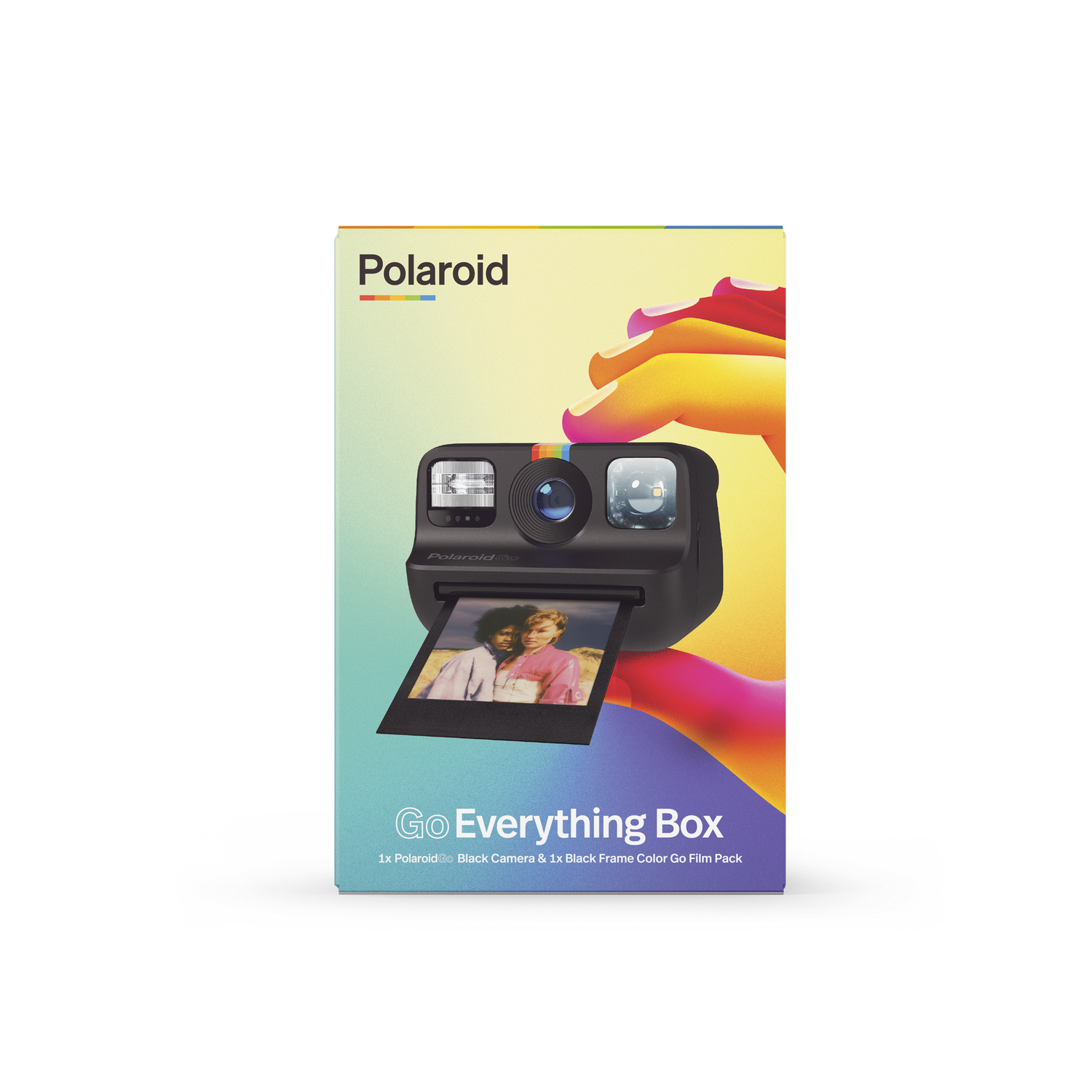 Polaroid Go Kamera in einer Box. Zeigt die Kamera, ein Foto und eine bunte Hand.