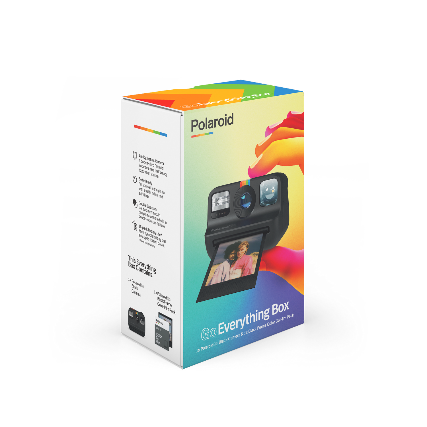 Eine Polaroid Go Everything Box, mit Kamera und Filmpackung sichtbar, auf schwarzem Hintergrund, mit Text und Bildern.