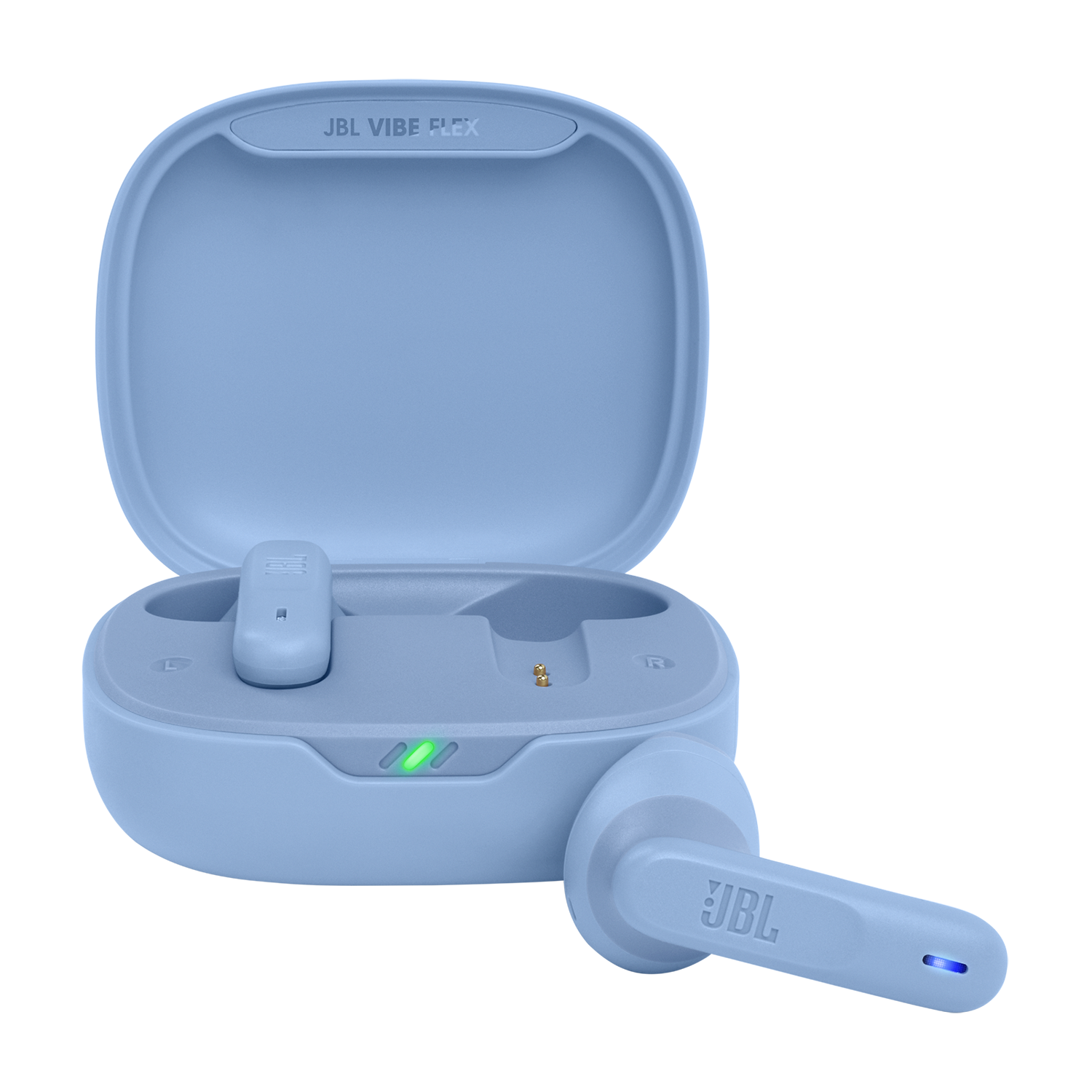 Niebieskie słuchawki w jasnoniebieskim etui, jedna słuchawka na zewnątrz. Etui jest otwarte i podświetlone.