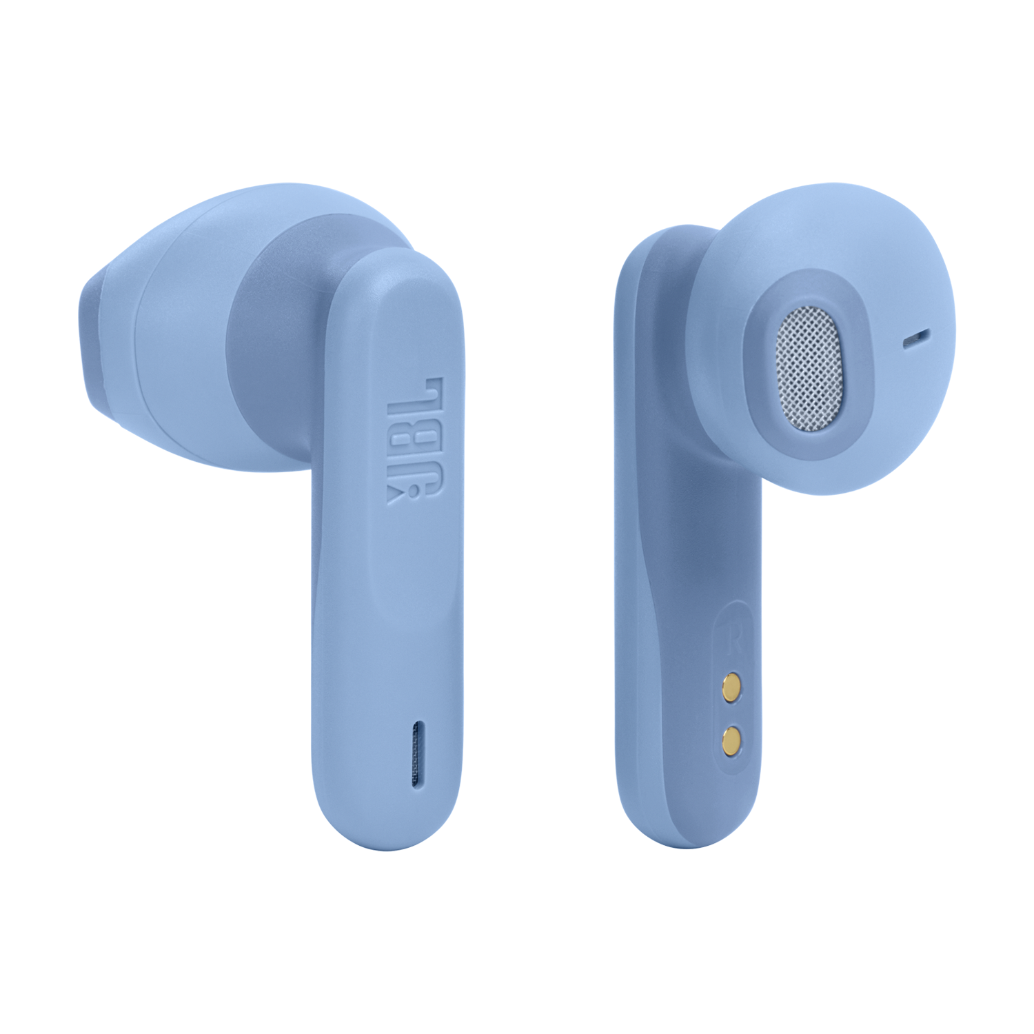 Para niebieskich słuchawek JBL. Ujęcie z bliska, na czarnym tle.