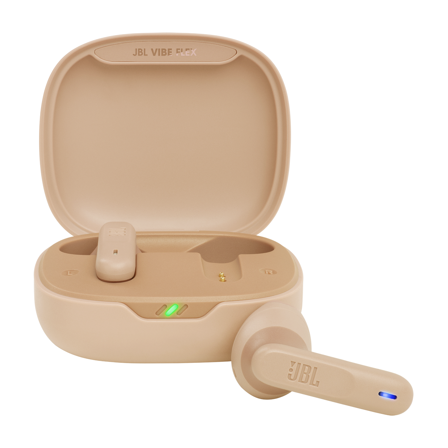 Beige JBL Vibe Flex Ohrhörer und Ladecase, offen, auf weißem Hintergrund.