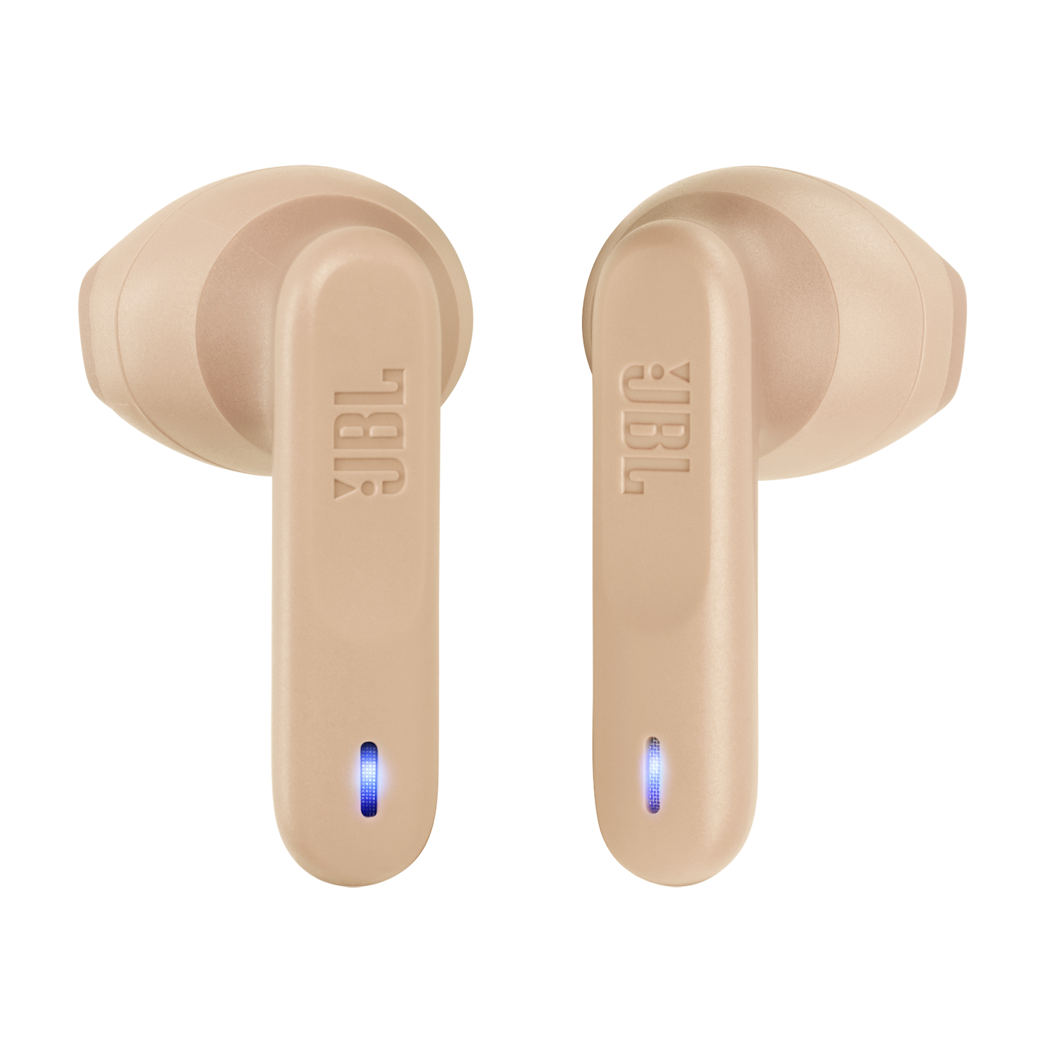 Zwei beige JBL kabellose Ohrhörer, mit dem JBL-Logo auf der Seite sichtbar.