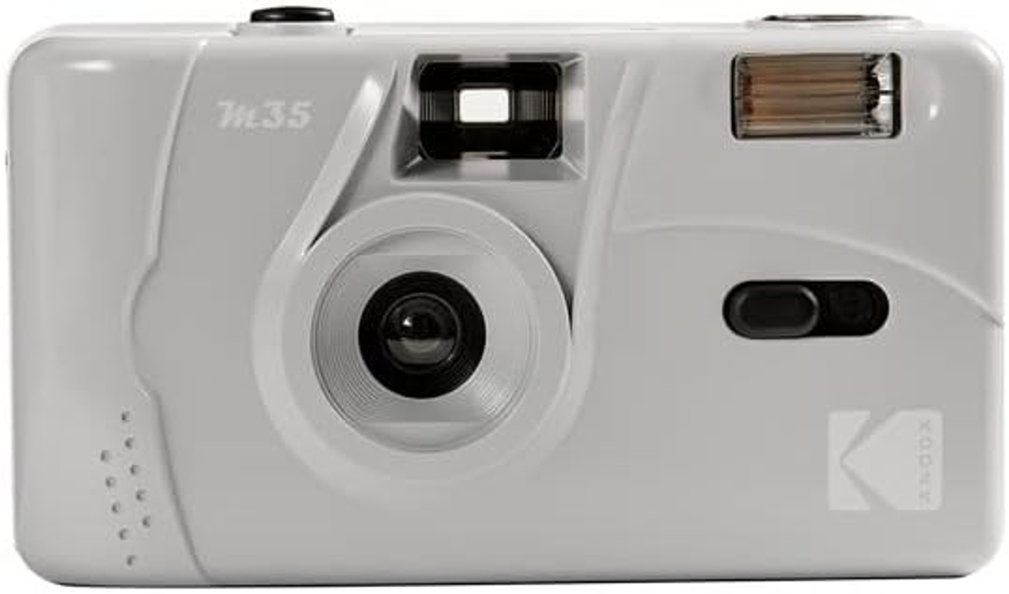 Eine weiße Kodak M35 Kamera mit Blitz und Objektiv.