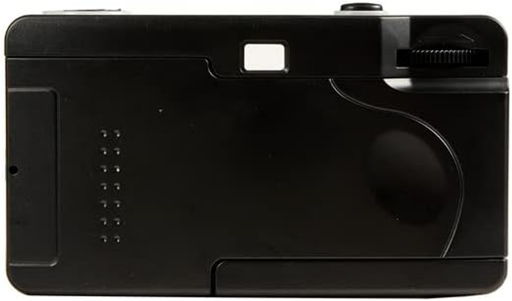 Schwarze Kamera mit einem weißen Sucherfenster und einem Aufwickelrad.