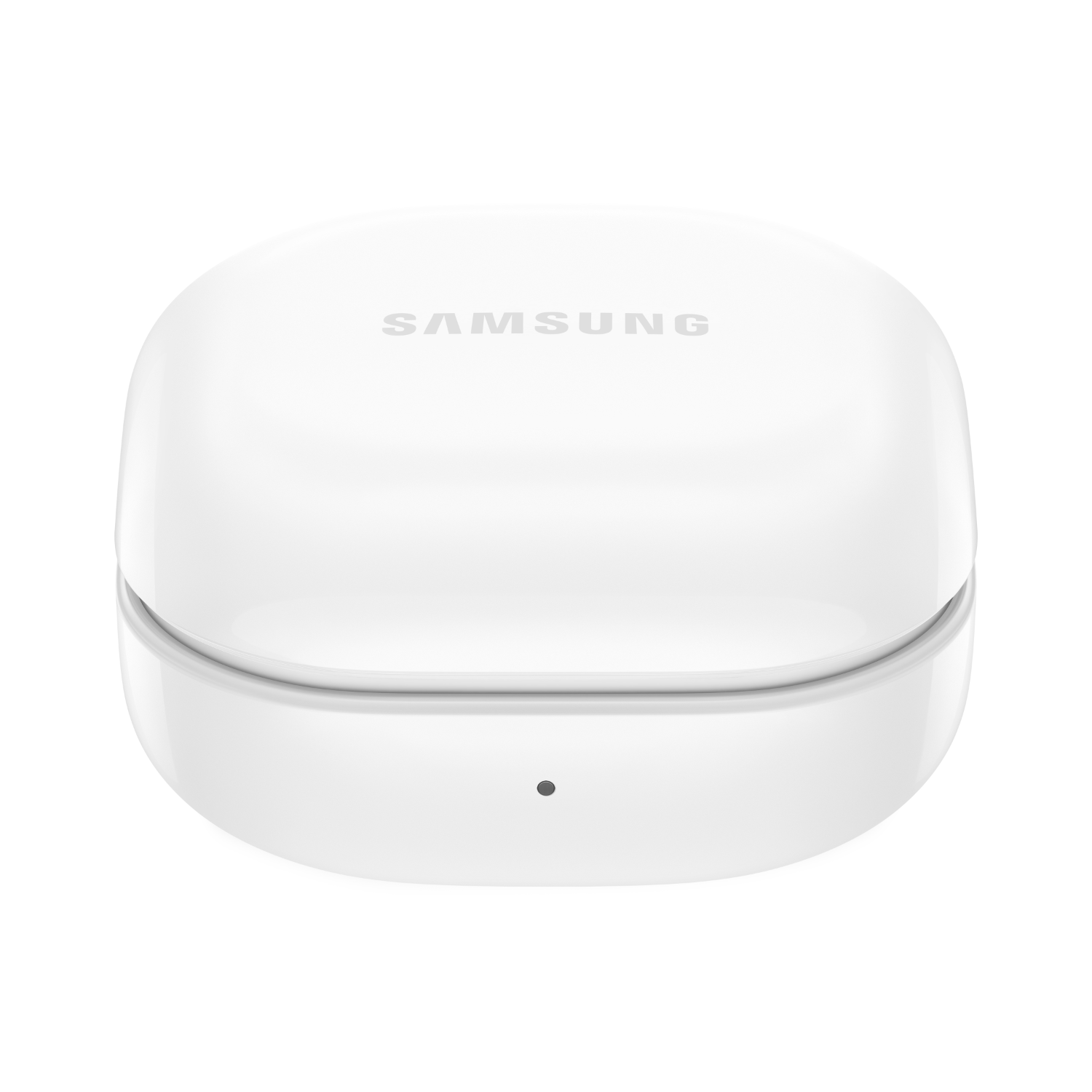 Białe etui ładujące do słuchawek z logo SAMSUNG.