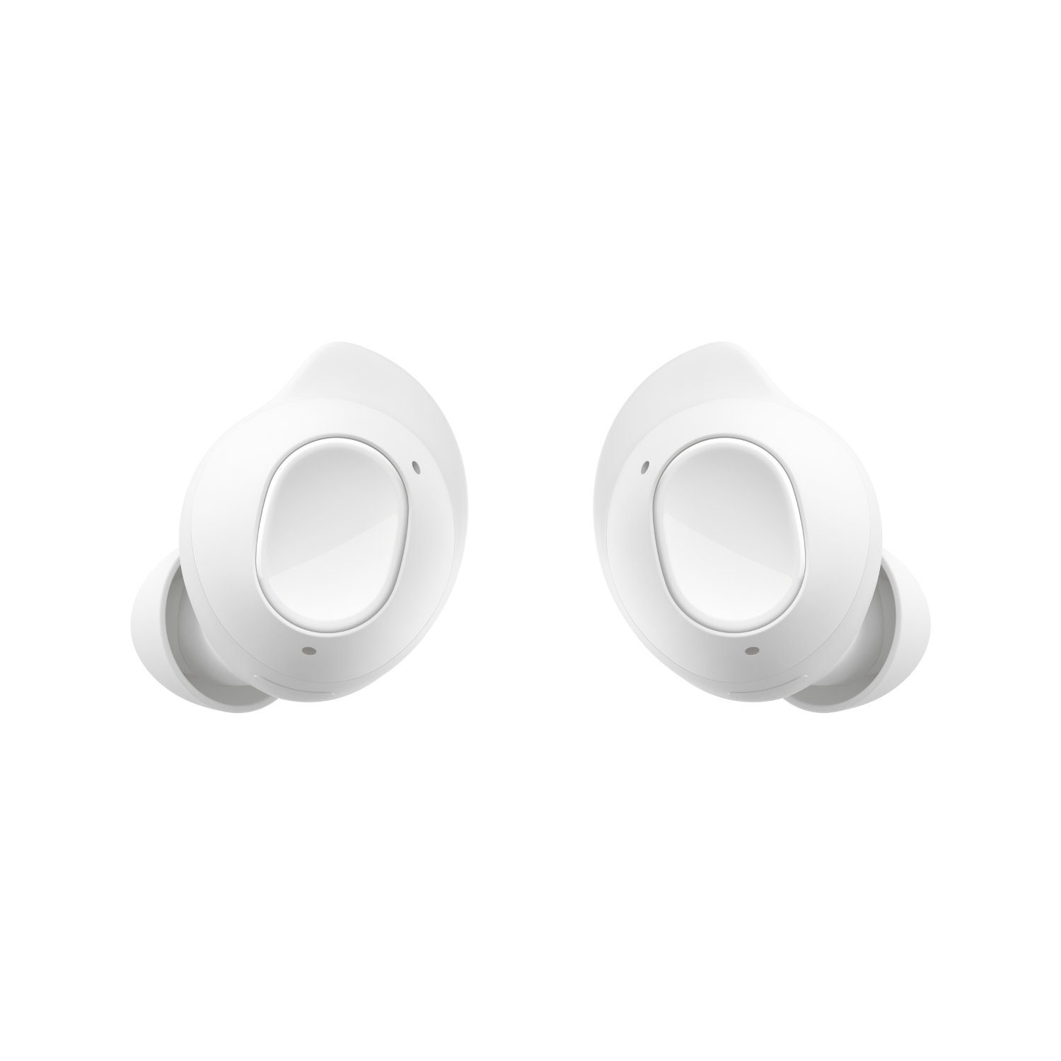 Dwa białe słuchawki douszne na ciemnym tle.