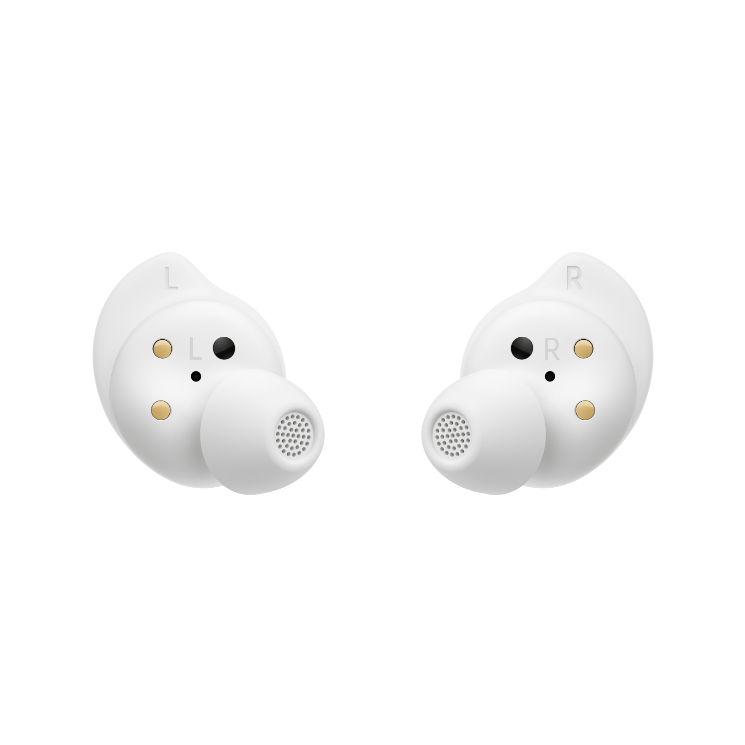 Dwa białe wkładki douszne, z oznaczeniami 'L' lub 'R'. Złote i czarne detale.