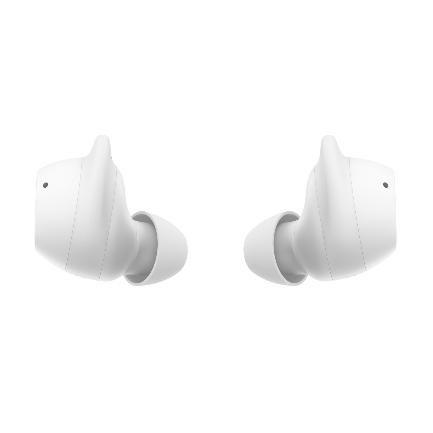 Dwa białe słuchawki na białym tle. Słuchawki są skierowane ku sobie.