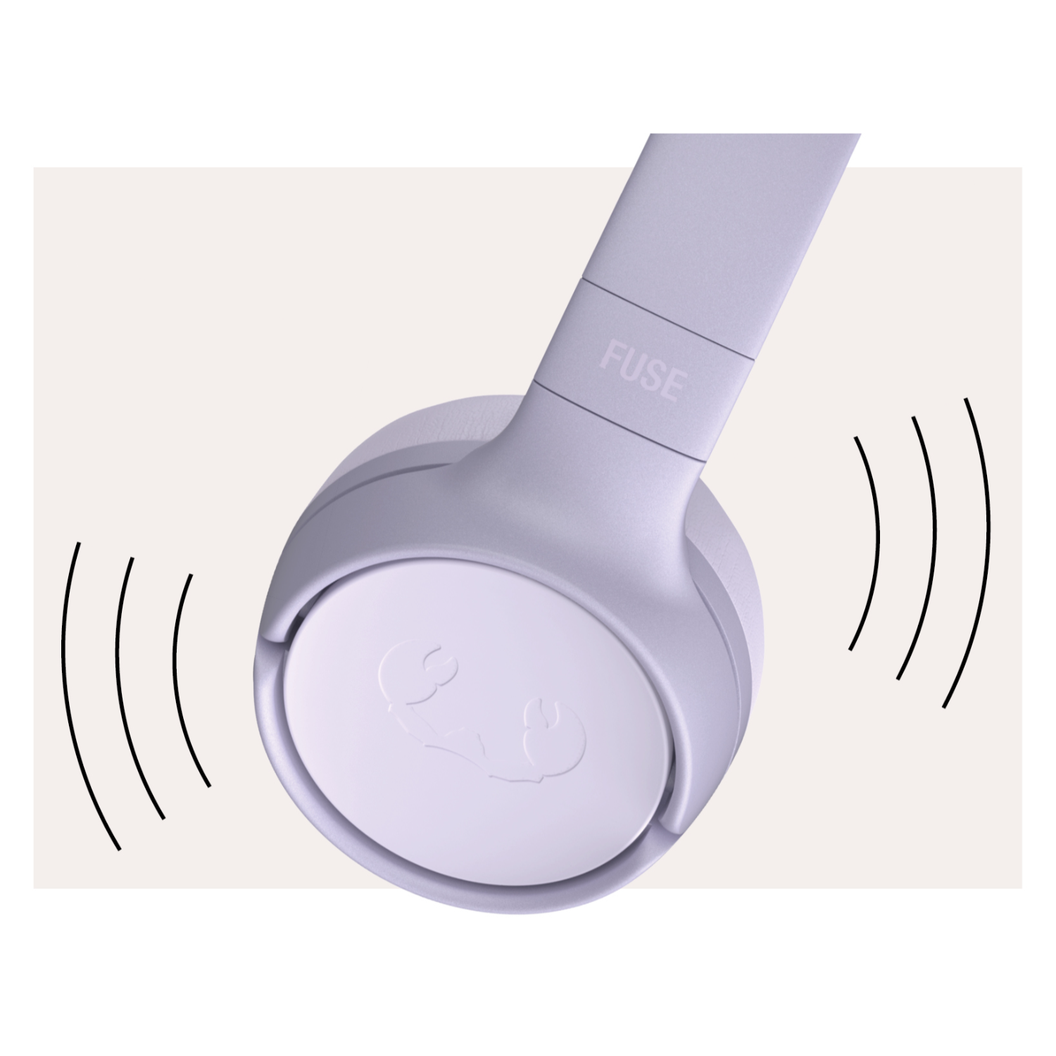 Primo piano di cuffia lilla, onde sonore emesse dall'auricolare.