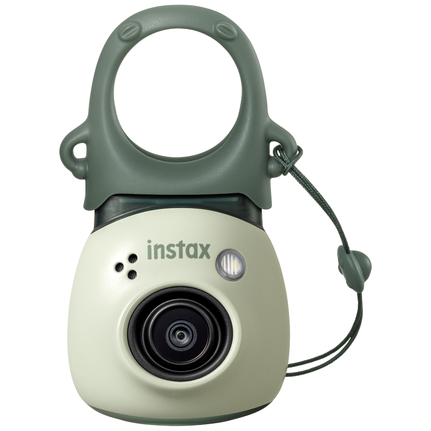 Aparat Instax, oliwkowy z obiektywem, lampą błyskową i paskiem do noszenia.