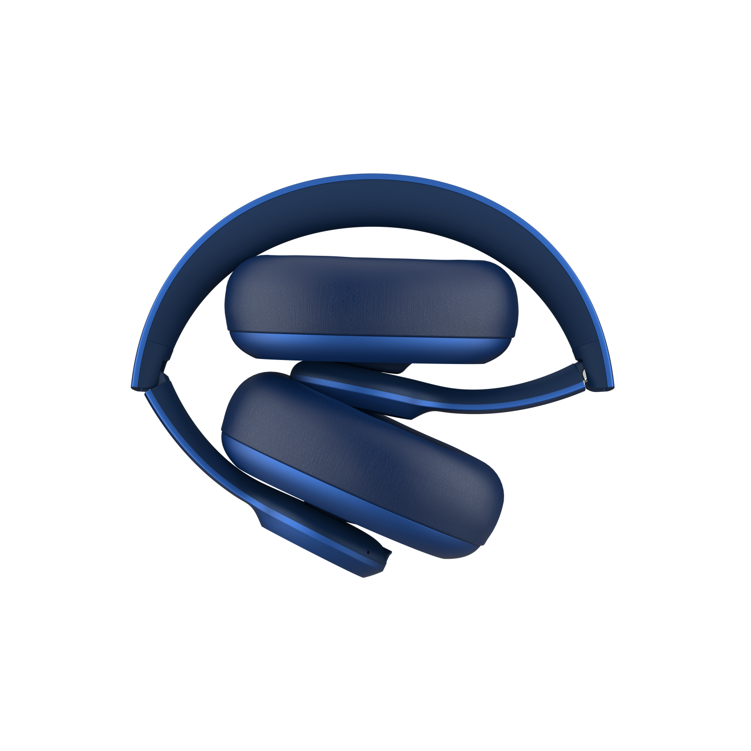 Złożone niebieskie słuchawki, widok z góry, na czarnym tle. Widoczne dwie muszle i pałąk.