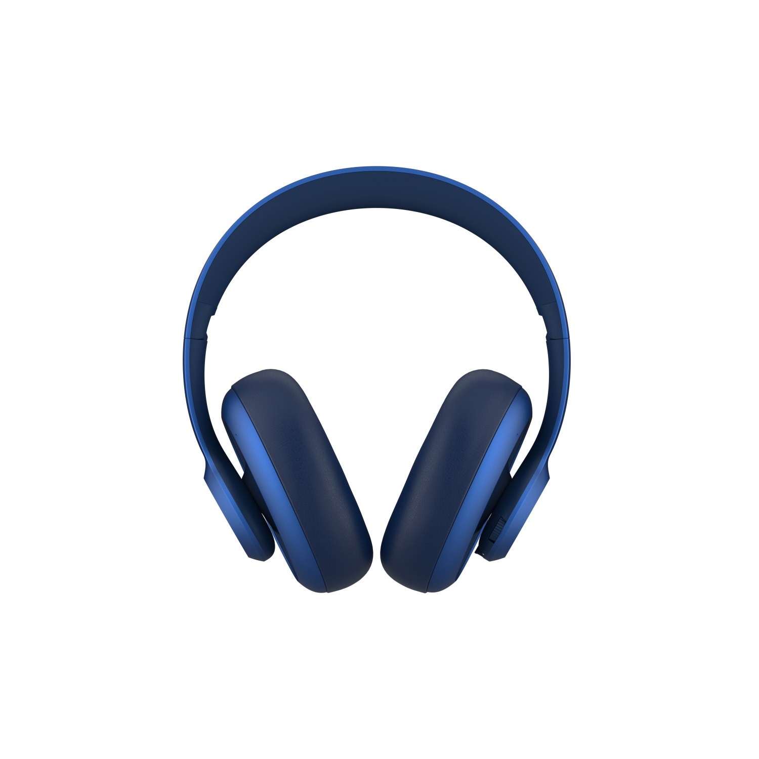 Niebieskie słuchawki na czarnym tle. Muszle są okrągłe i mają logo.