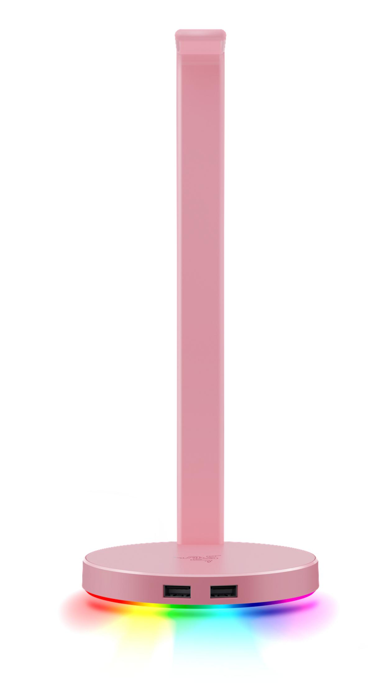 Supporto per cuffie rosa. Base circolare con porte USB. Supporto verticale lungo, rosa.