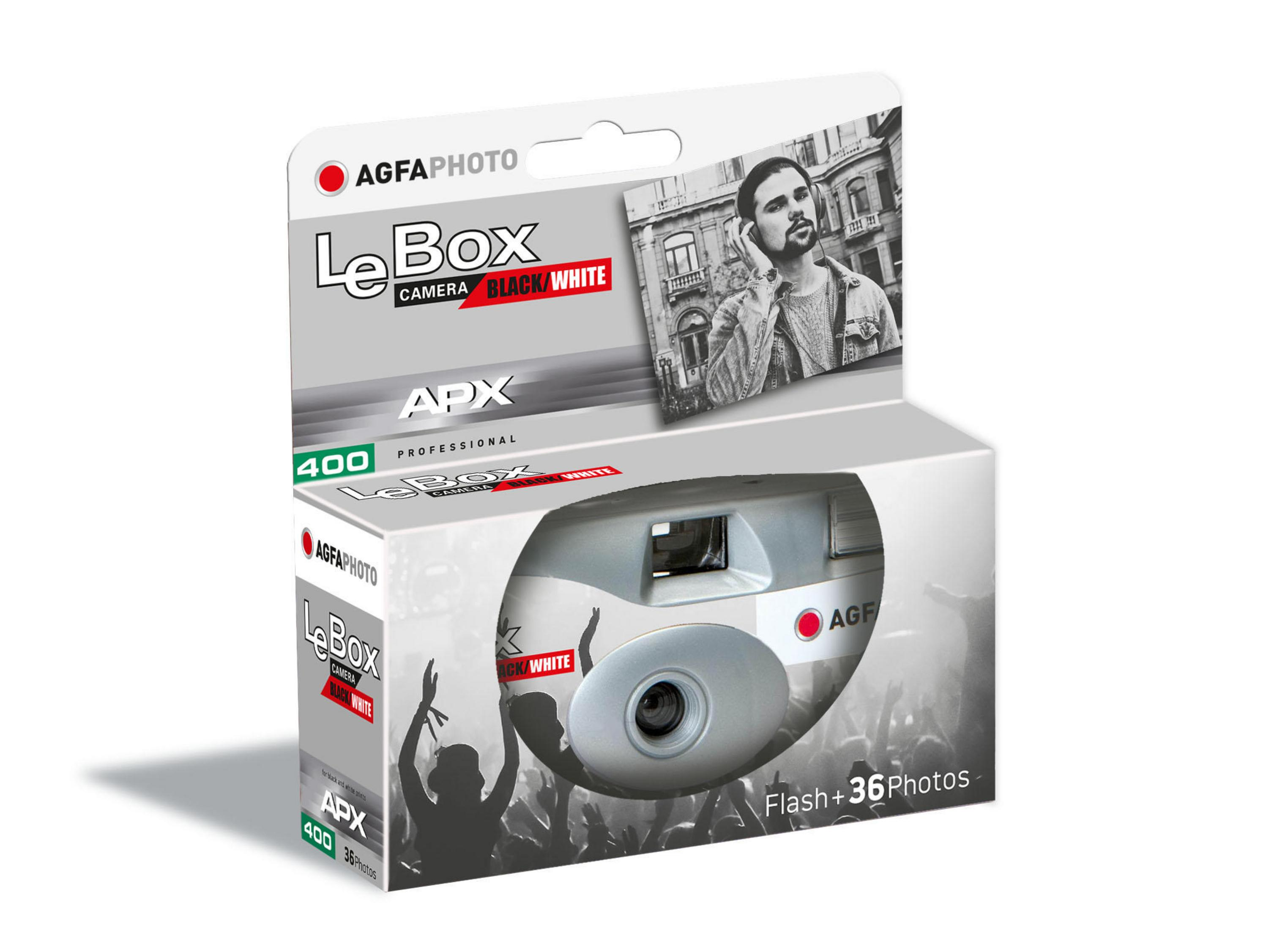 Scatola fotocamera Agfa LeBox con foto in bianco e nero su sfondo bianco.
