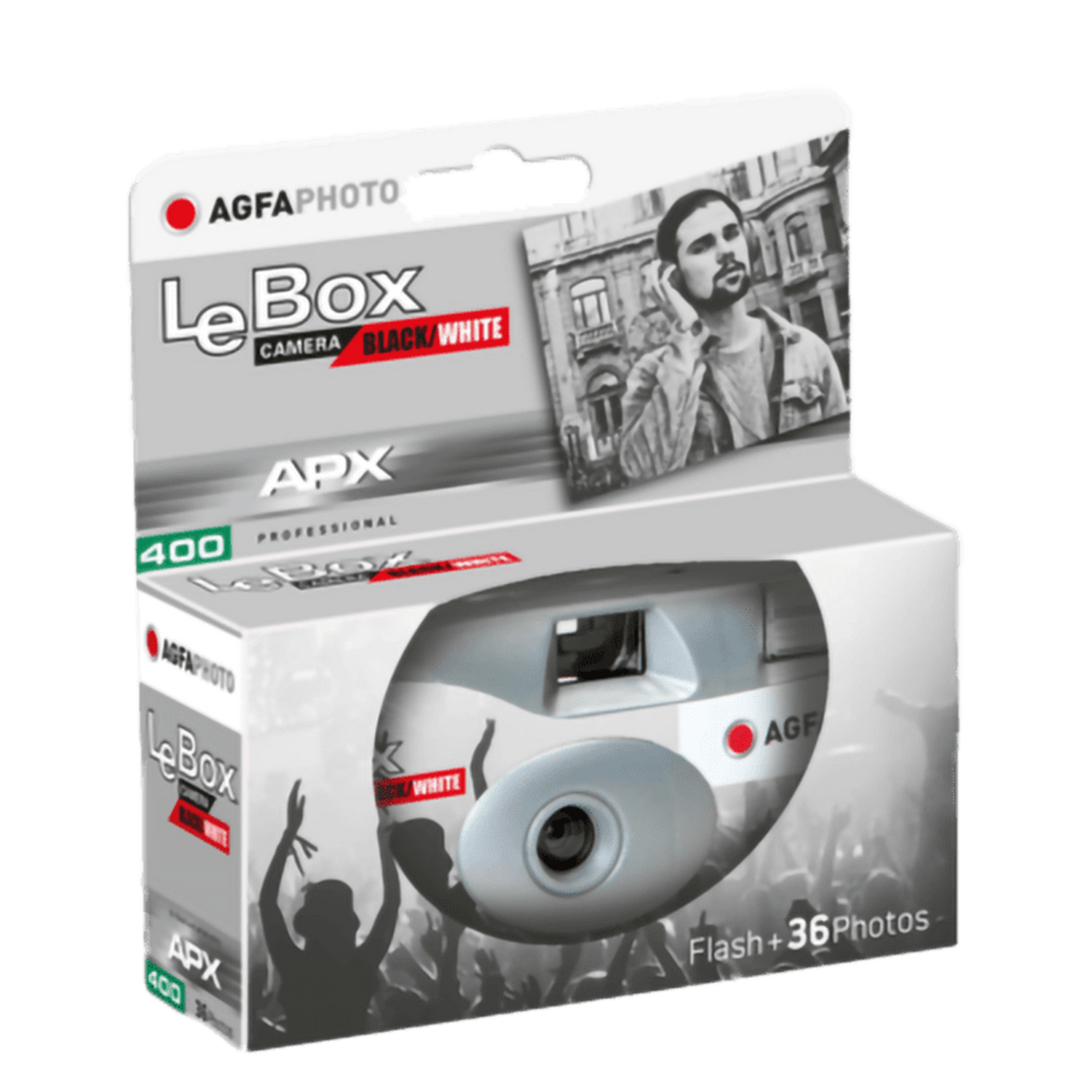 Fotocamera in una scatola. La scatola mostra la fotocamera e una persona. Bianco e nero.