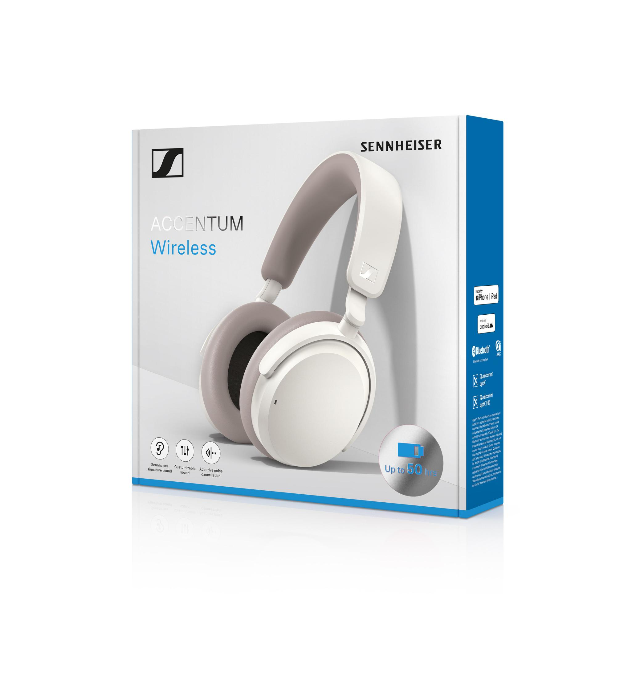Słuchawki Sennheiser Accentum Wireless w pudełku, w białym i szarym wzornictwie.