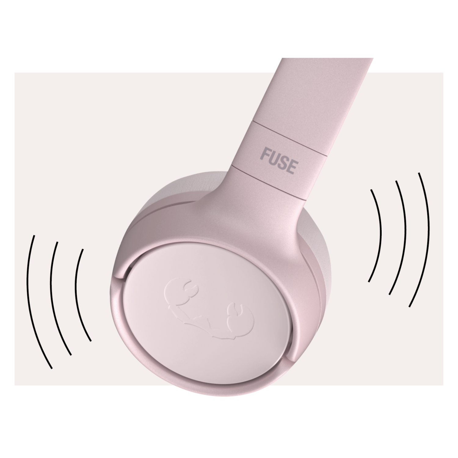 Rosa Kopfhörer mit Schallwellen-Grafik. Auf dem Kopfhörer steht „FUSE“.