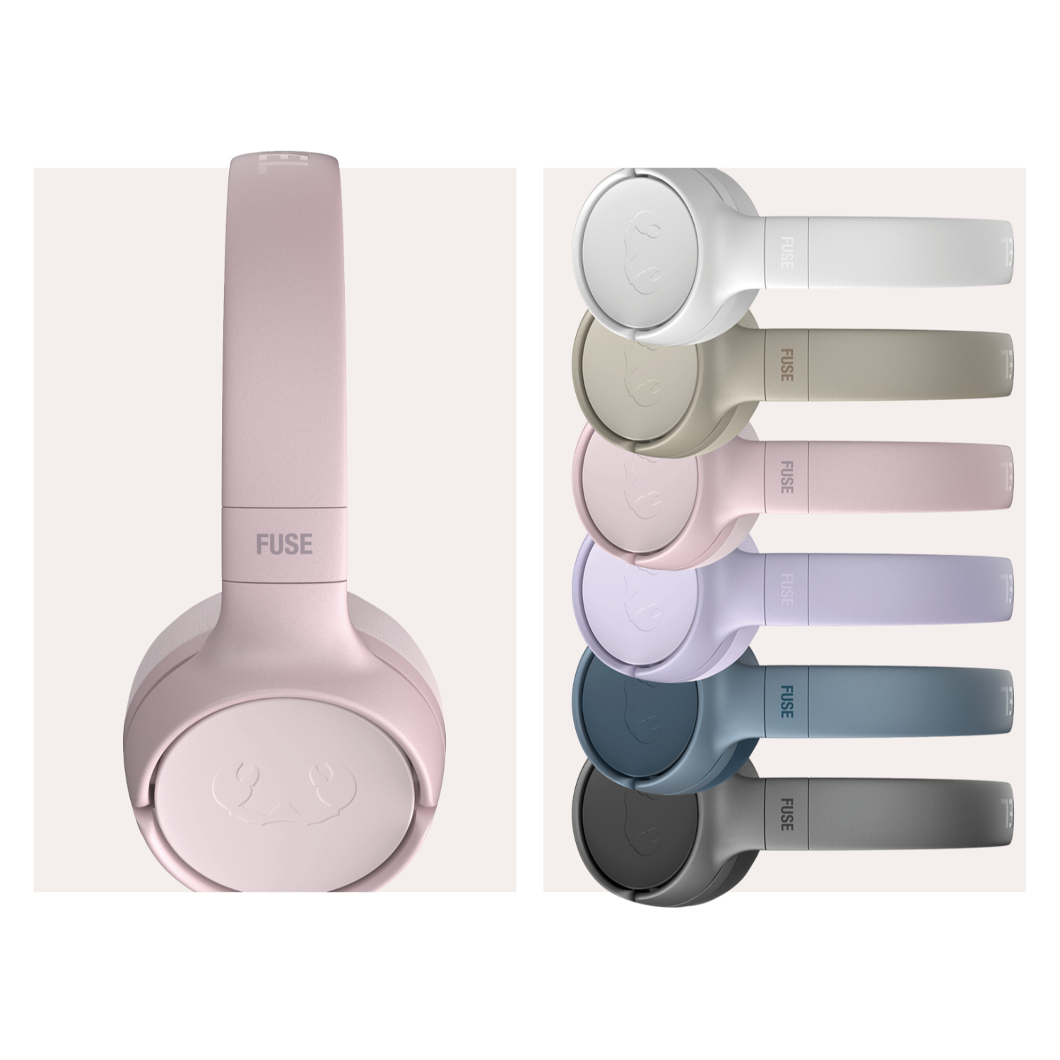 Kopfhörer in verschiedenen Farben, rosa, weiß, beige, lila, blau und grau. Text "FUSE" an der Seite.