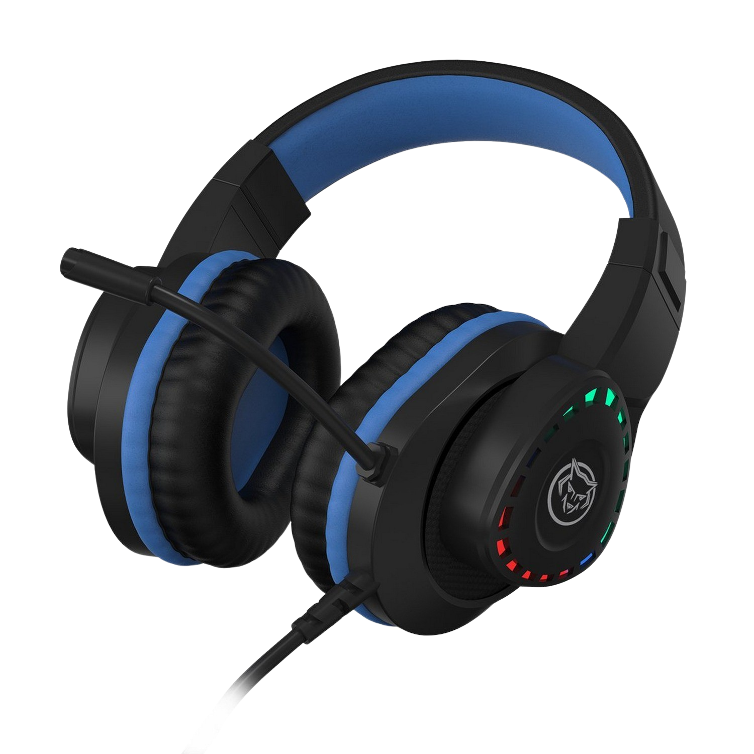 Schwarzes und blaues Gaming-Headset mit Mikrofon und Lichtern.