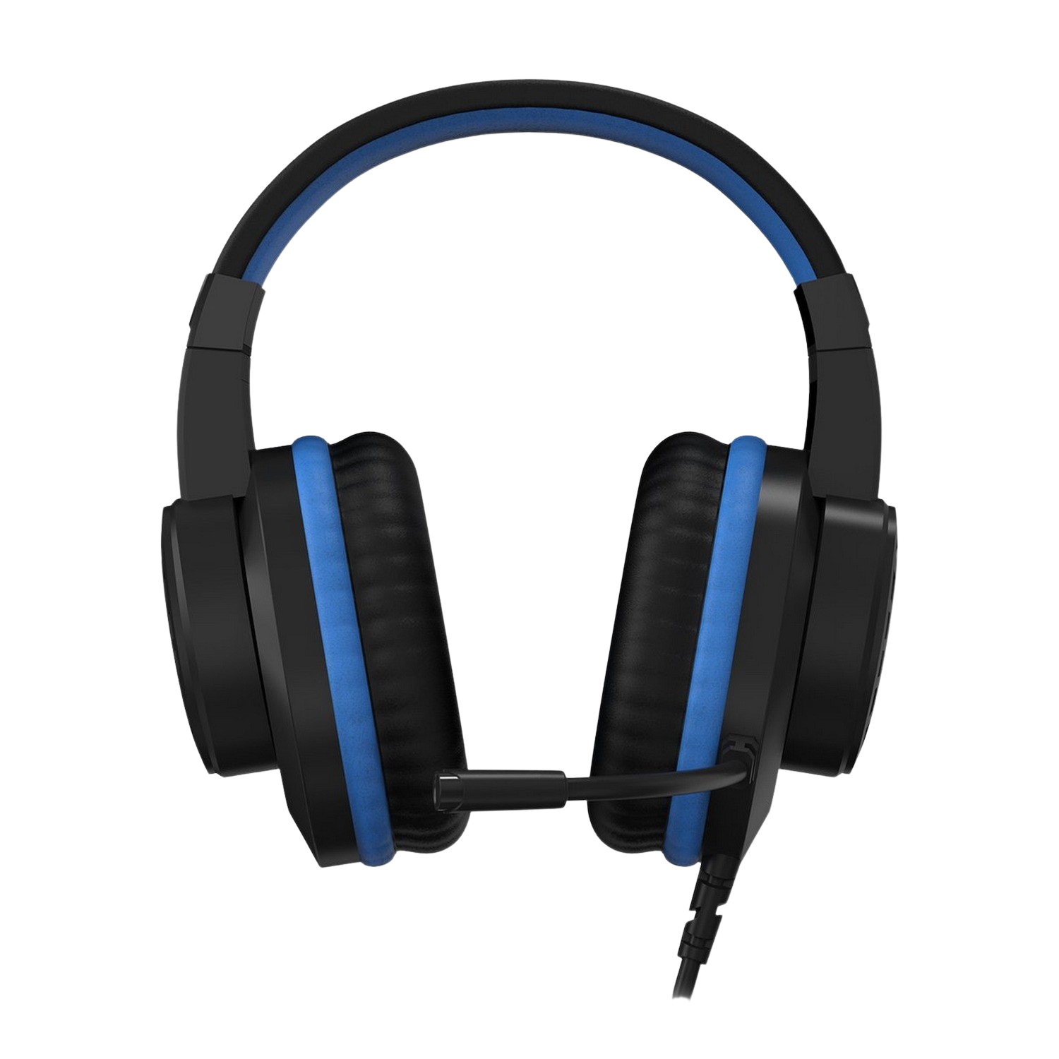 Schwarz-blaues Gaming-Headset, Frontansicht. Ohrmuscheln und Kopfband sind sichtbar.