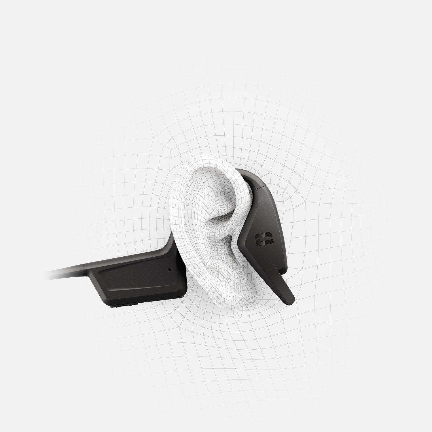 Orecchio con cuffie, contorno bianco e nero su sfondo bianco.