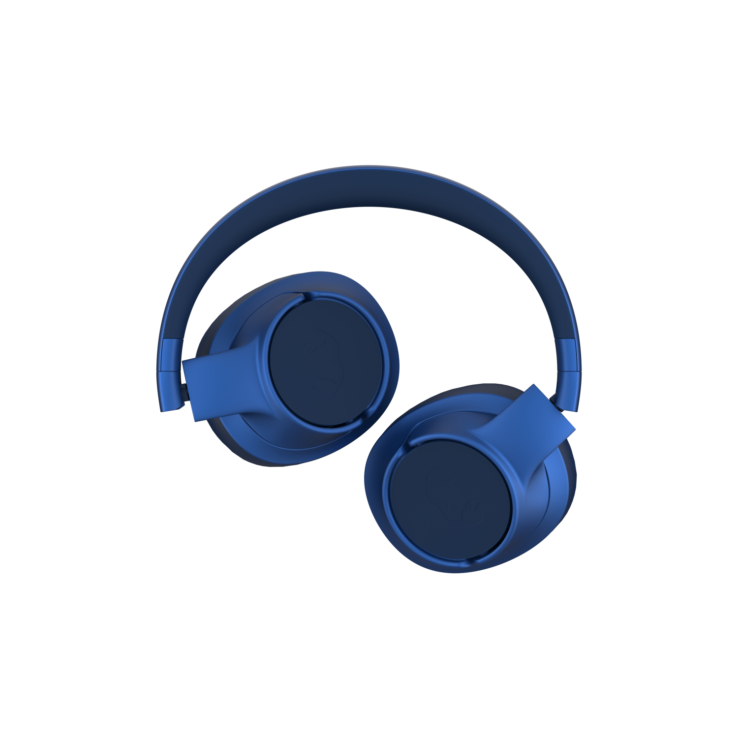 Niebieskie słuchawki złożone. Ciemne tło.