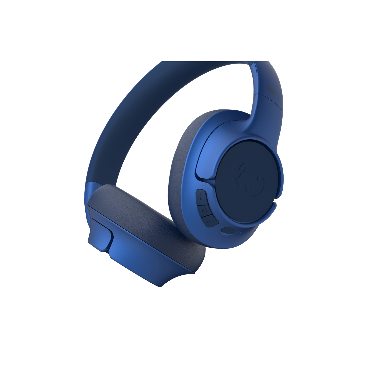 Niebieskie słuchawki, widok z boku, białe tło.