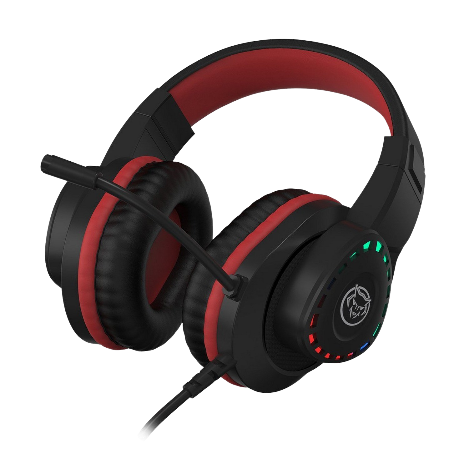 Schwarze und rote Gaming-Kopfhörer mit Mikrofon. Die Ohrmuscheln haben farbige Lichter.