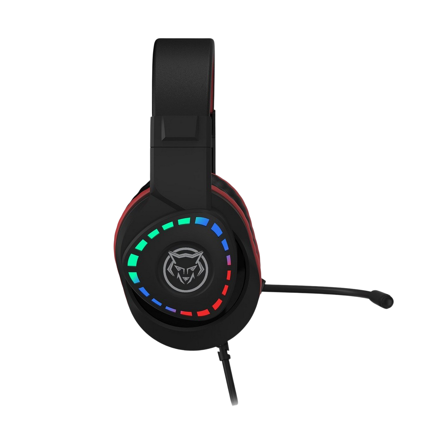 Schwarzes und rotes Gaming-Headset mit Mikrofon und LED-Leuchten.