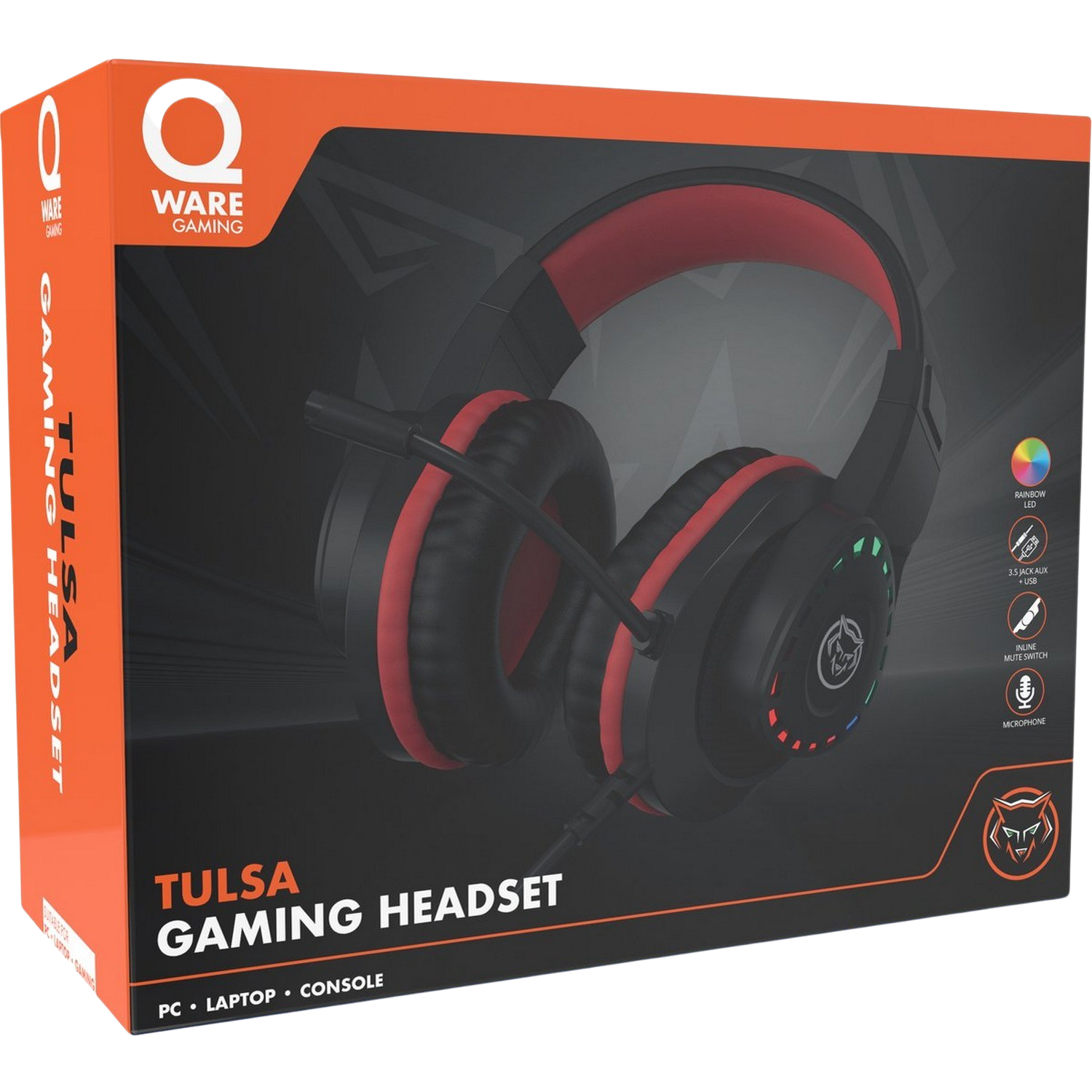 Gaming-Headset-Box, rot-schwarzes Design, mit Funktionen und Logo.
