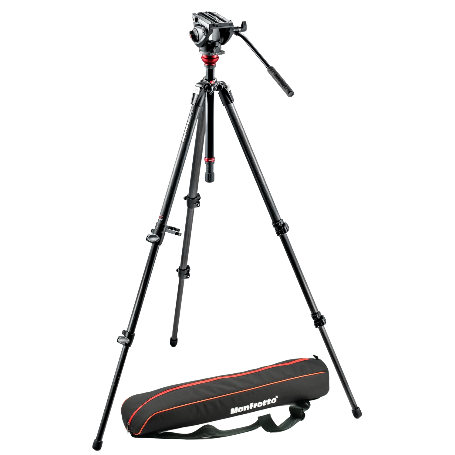 Statyw z aparatem na górze, czarne i czerwone akcenty, z torbą transportową.