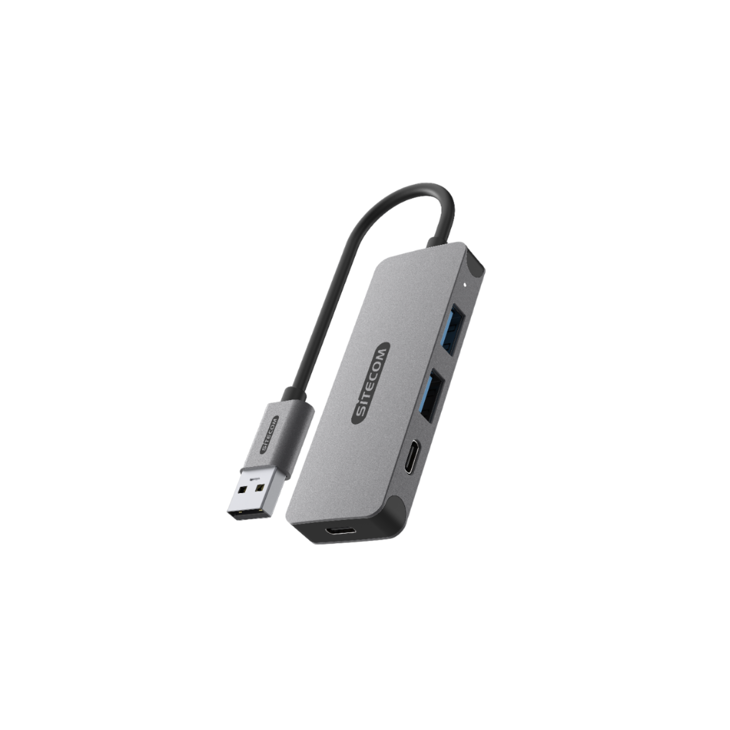 A grey USB hub with a cable and a USB connector on a black background.